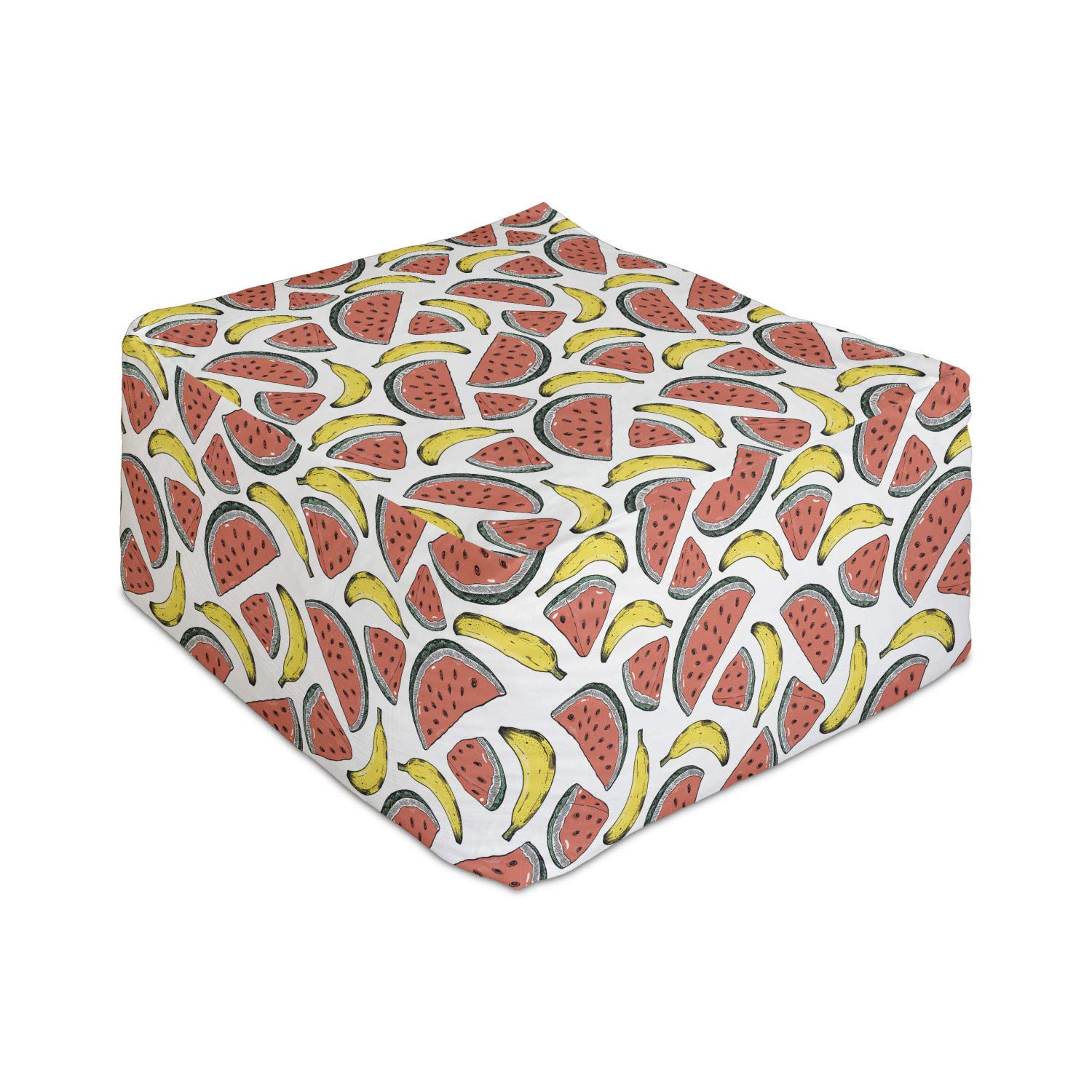 Ambesonne Fruits Rectangle Pouf - Watermelon & Banana Print Foot Rest Ottoman with Removable Cover, 25 Inch, Coral White Yellow - Perfect for Living Room, Office & Under Desk Use