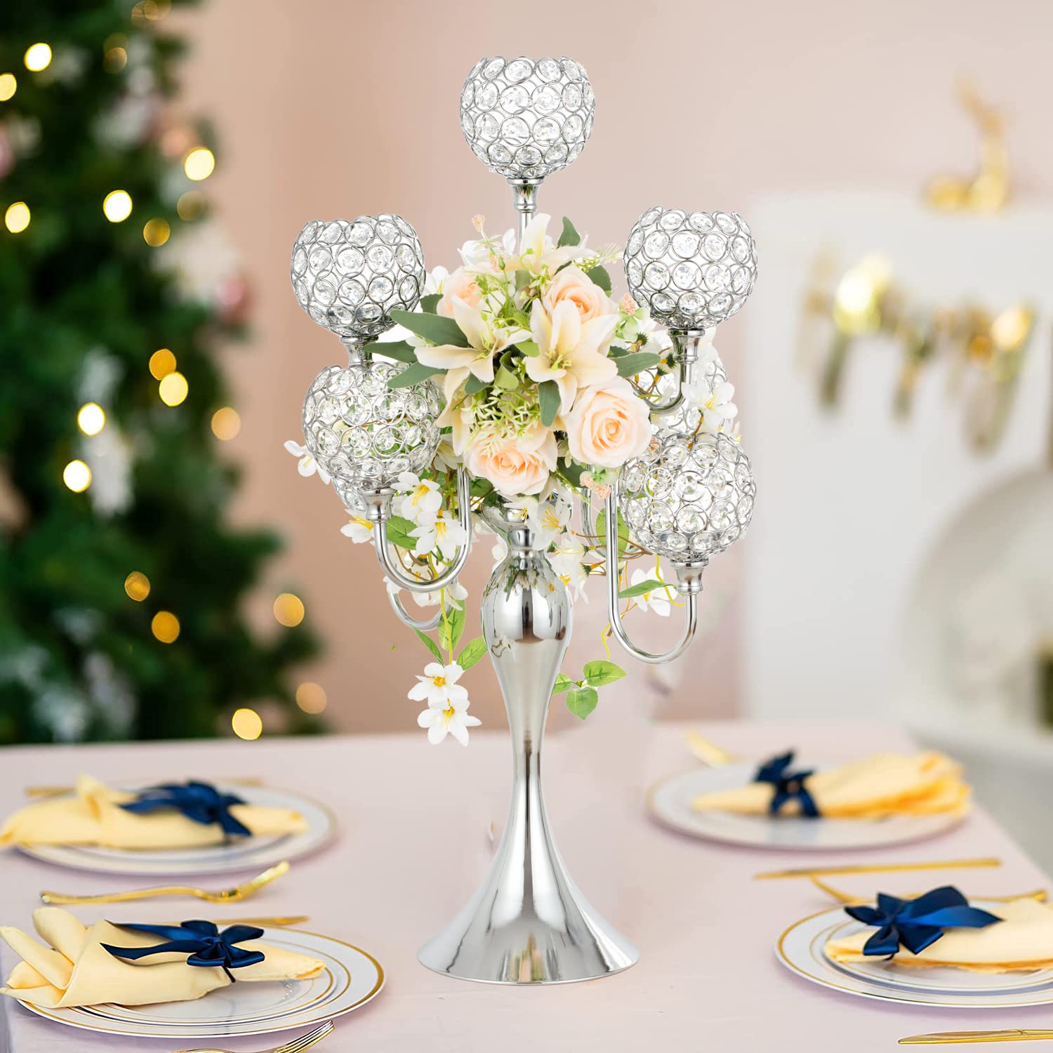 LANLONG 7-Arm Silver Crystal Candelabra - Elegant Tall Candle Holder for Wedding Centerpiece, Christmas Decor, Dinner Party Table Decorations | Perfect for Home Decor, Holiday Events & Romantic Ambiance