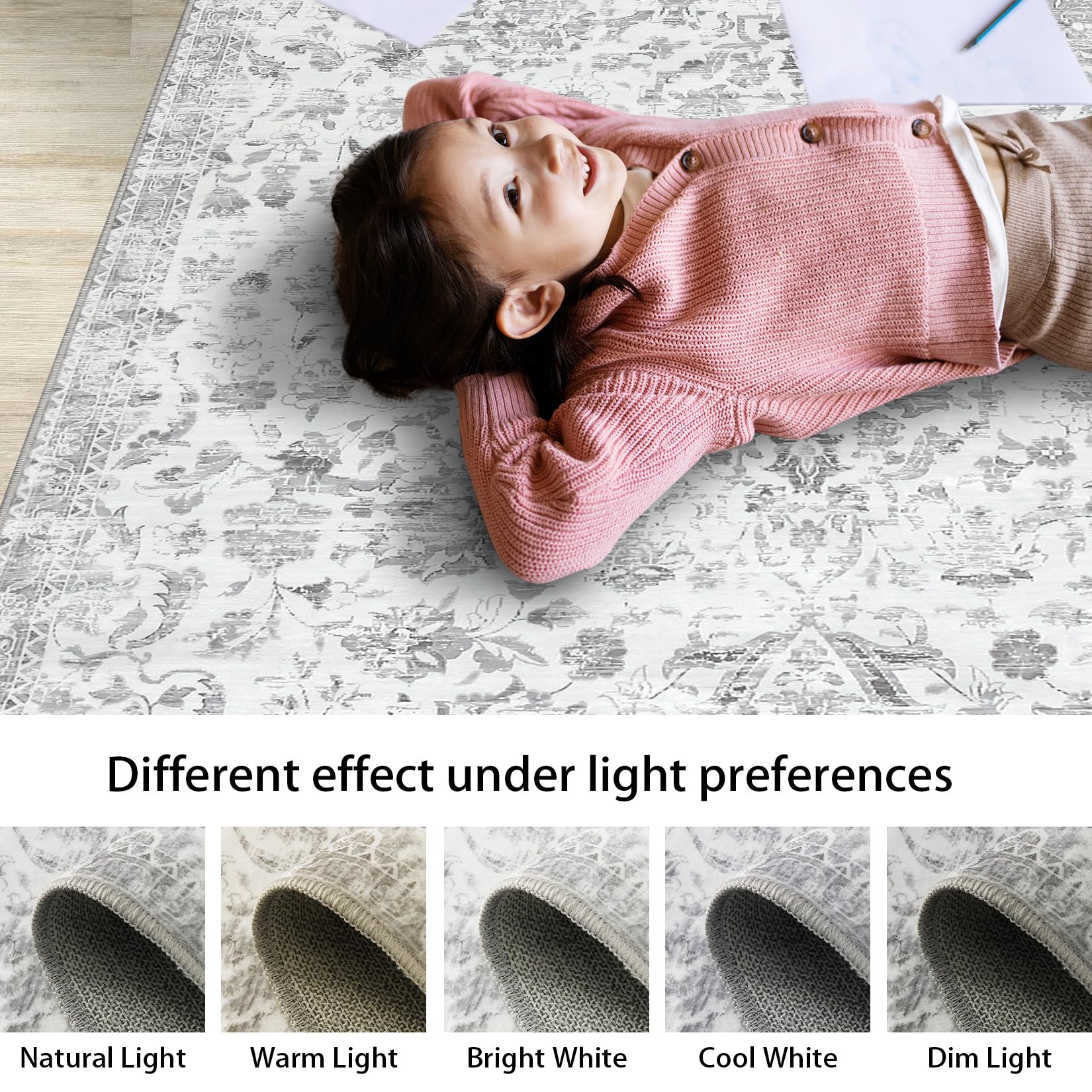 GARVEE 2x3 Washable Non-Slip Boho Floral Rug - Light Grey Indoor Entryway & Bathroom Mat, Stain-Resistant for Bedroom, Living Room & High-Traffic Areas
