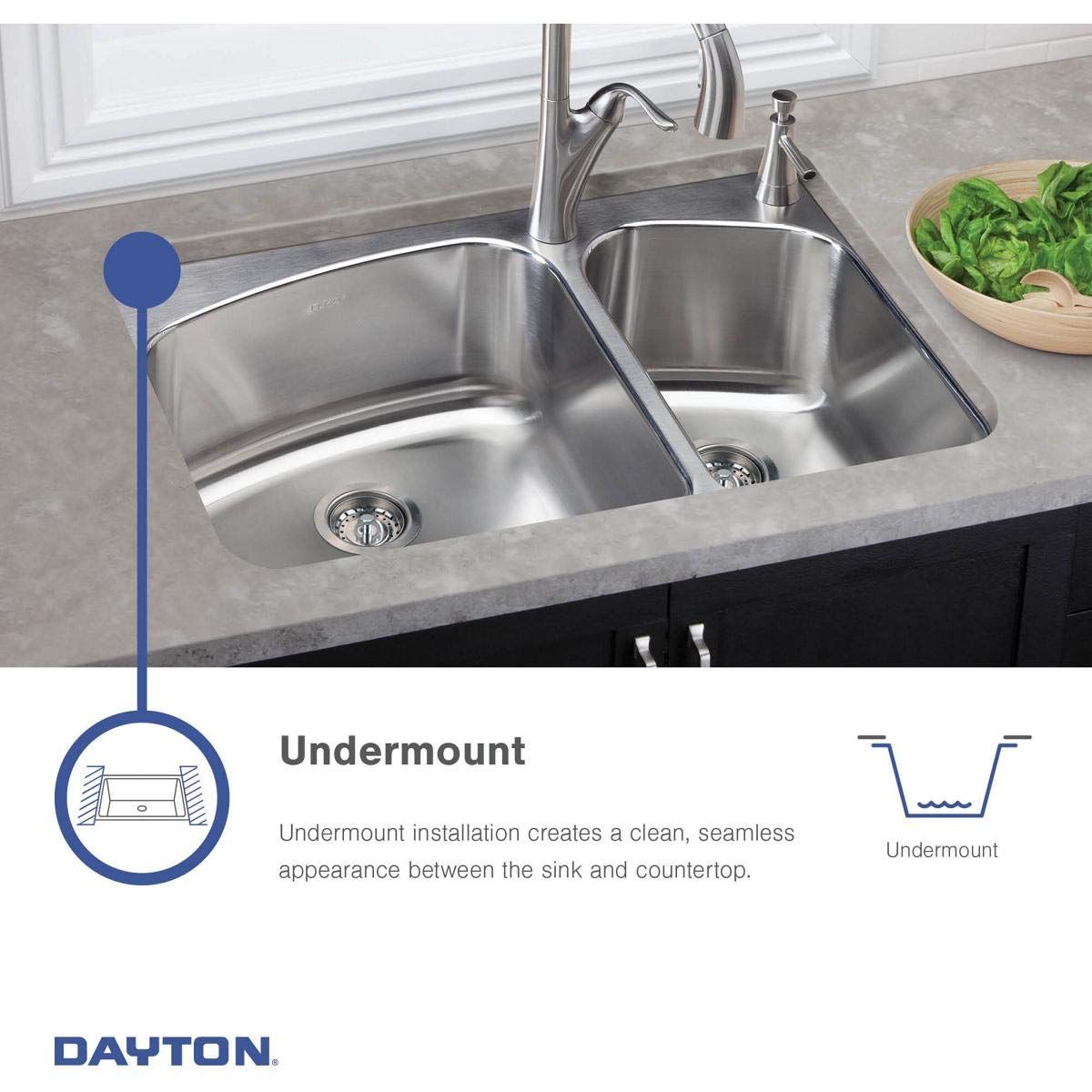 Dayton DXUH2118 Single Bowl Undermount Stainless Steel Kitchen Sink - 16 Gauge 304 Stainless Steel, Commercial-Grade for Restaurants & Home Kitchens