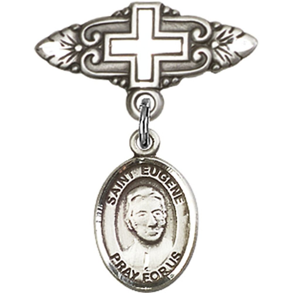 St. Eugene de Mazenod Sterling Silver Baby Badge with Cross Charm - 1 X 3/4 Inch Religious Pin for Baptism, First Communion & Christening Gifts