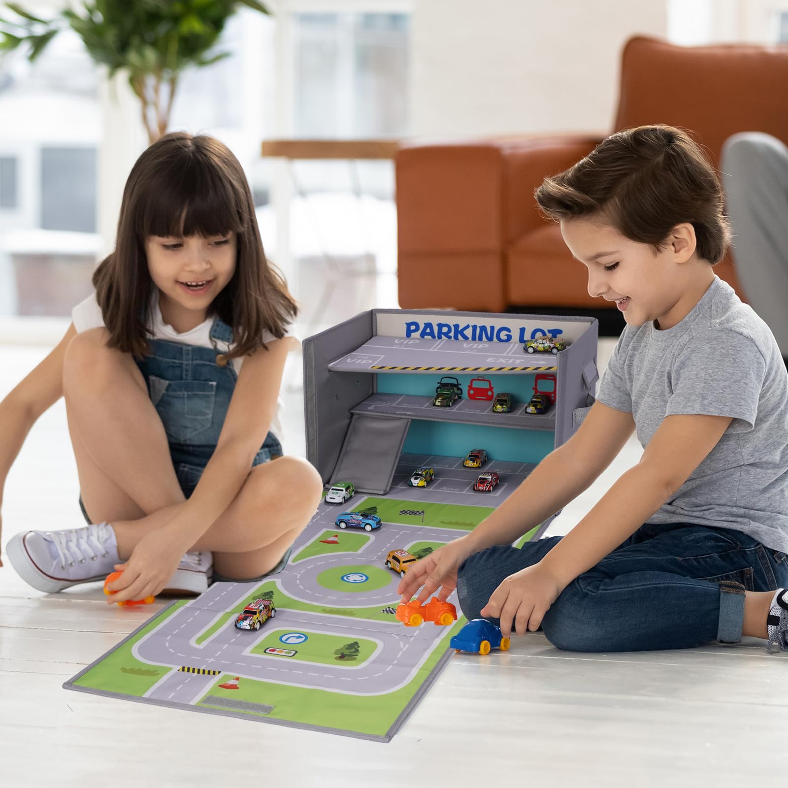 Livememory Toy Car Storage Box & Garage Playset with Rug Play Mat - Organize & Store Toy Cars - Perfect for Kids' Room, Playroom & Travel (Cars Not Included)