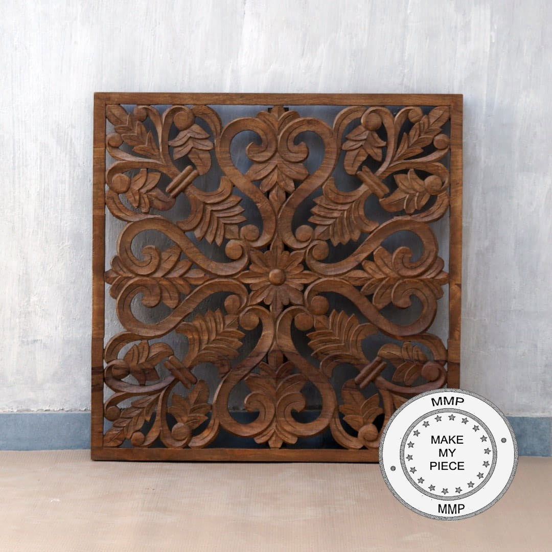 Hand Carved Indian Solid Wood Wall Art Panel - Traditional Brown Wooden Decoration for Home & Office Decor | Perfect for Living Room, Bedroom, and Entryway