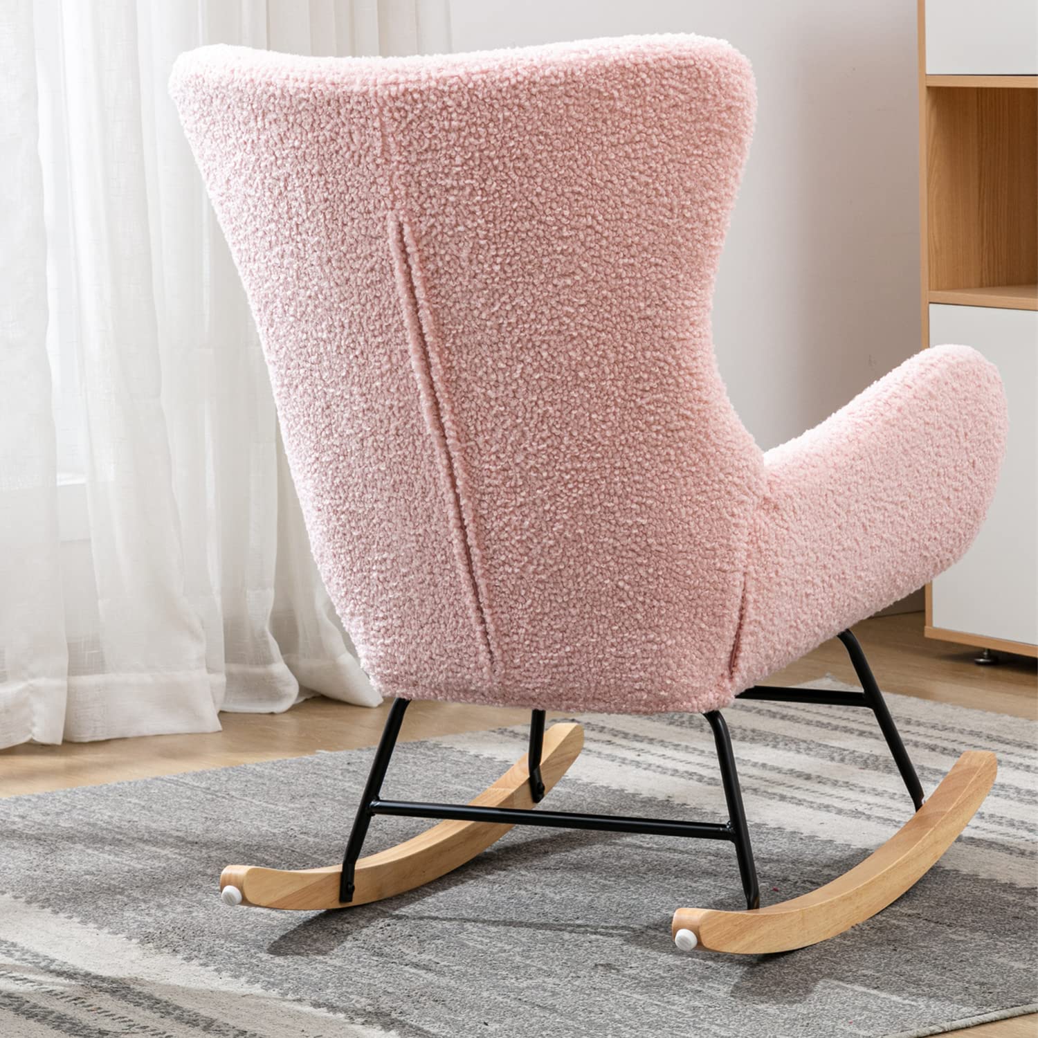 Comfy Upholstered Nursery Glider Rocker Chair with High Backrest & Armrests - Pink Small Rocking Chair for Living Room, Bedroom, Nursery & Baby Shower Gifts
