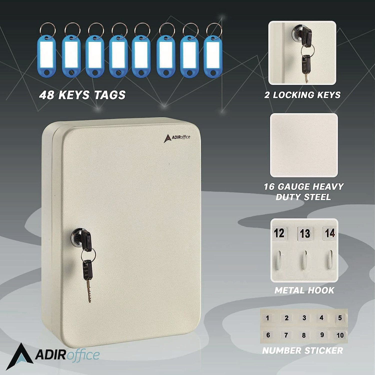 AdirOffice 48-Key Steel Key Cabinet with Secure Key Lock - 7.1