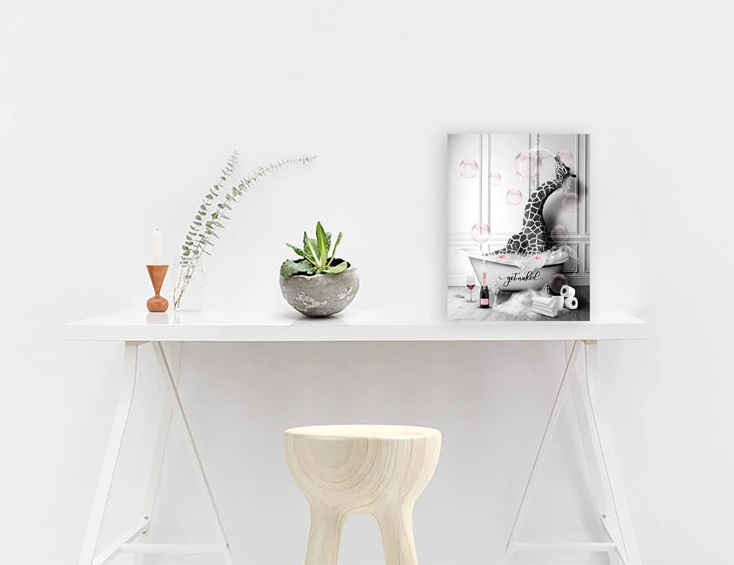 Funny Giraffe in Bathtub Canvas Wall Art - 12x16 Inch Ready to Hang Bathroom Decor with Pink Bubbles & Grey Background | Perfect for Bathroom, Kids Room & Nursery Wall Decor