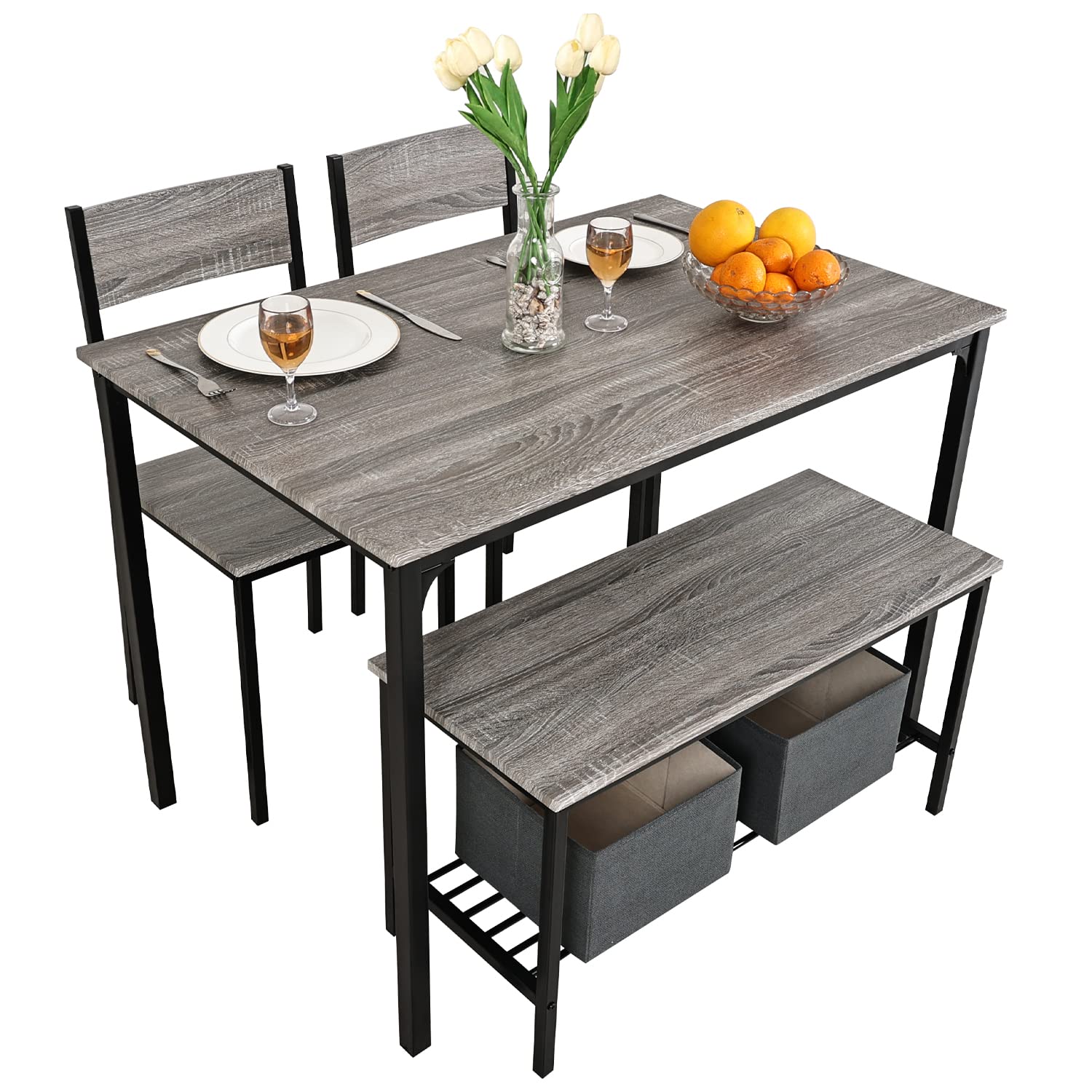 PULUOMIS 4-Piece Modern Dining Set with Table, 2 Chairs & Bench - Grey Kitchen & Breakfast Table for Home, Bistro, Patio, Garden | Perfect for Small Spaces & Family Meals