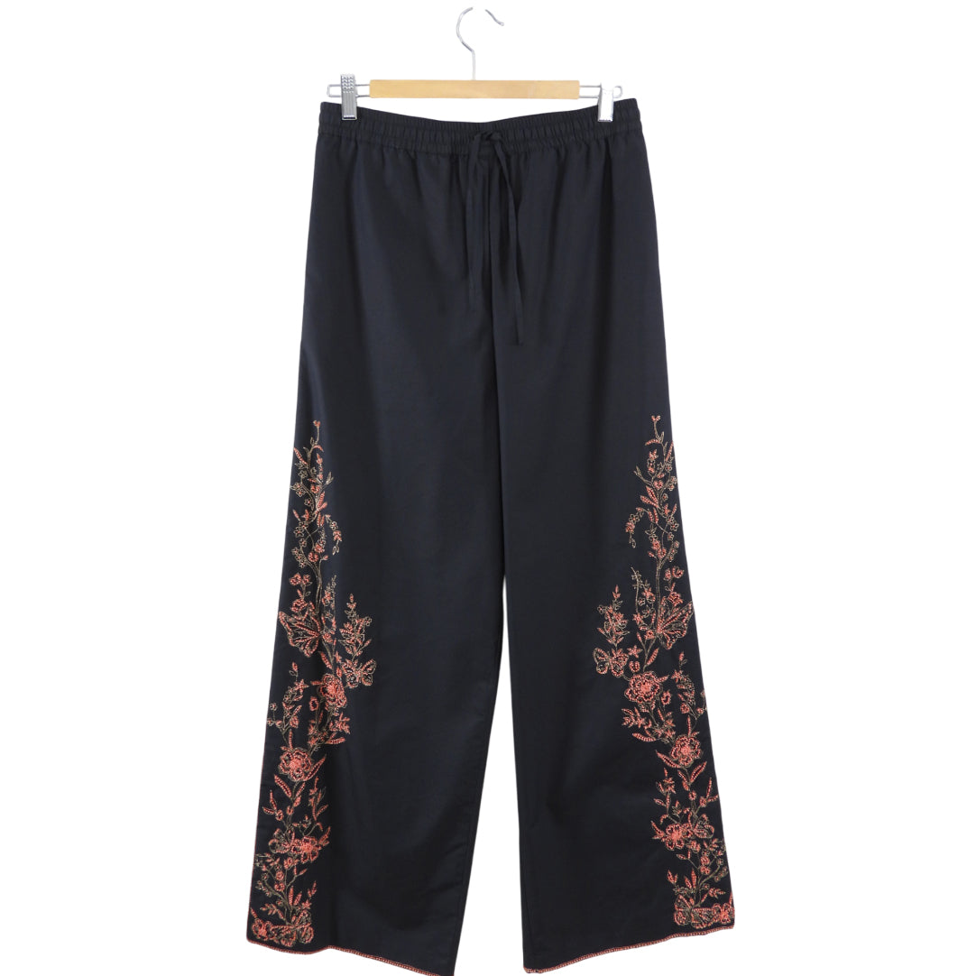 Christian Dior Black Cotton Coral Bead Embroidered Wide Leg Pants for Women - Size S/M - Elegant Lounge & Evening Wear for Special Occasions