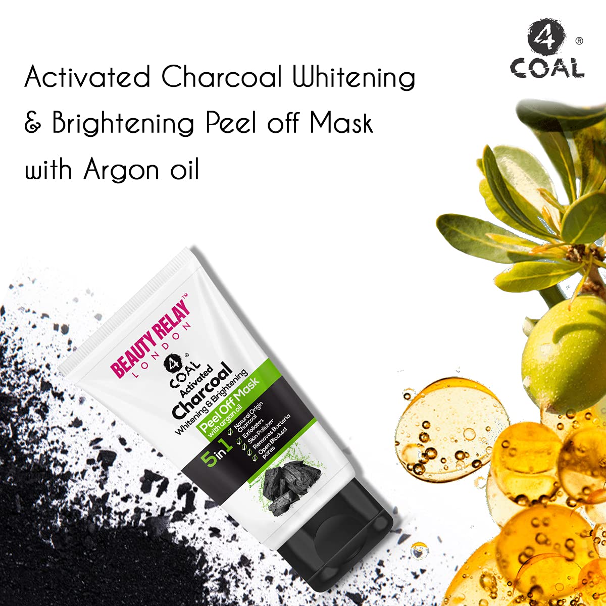 Beauty Relay London Activated Charcoal Peel Off Mask with Moringa & Argan Oil - Deep Skin Purifying & Cleansing Face Mask for Blackhead Removal & Pore Minimizing (Pack of 2) - Perfect for Spa Nights & Self-Care Routines
