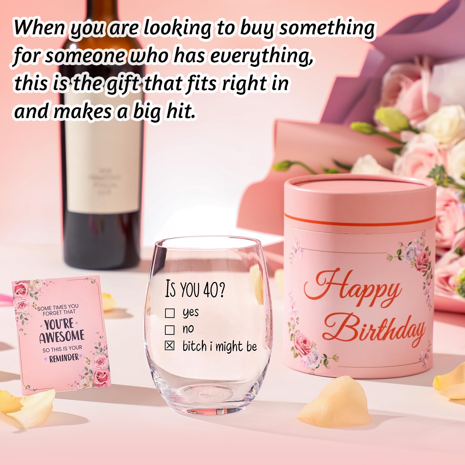 Funny 40th Birthday Wine Glass Gift Set for Women - Elegant Gift Box & Card Included - Perfect 40th Birthday Party Decorations - Great 40 Years Old Present for Her, Female Friends (Ideal for Birthday Celebrations, Girls Night Out, Milestone Parties)