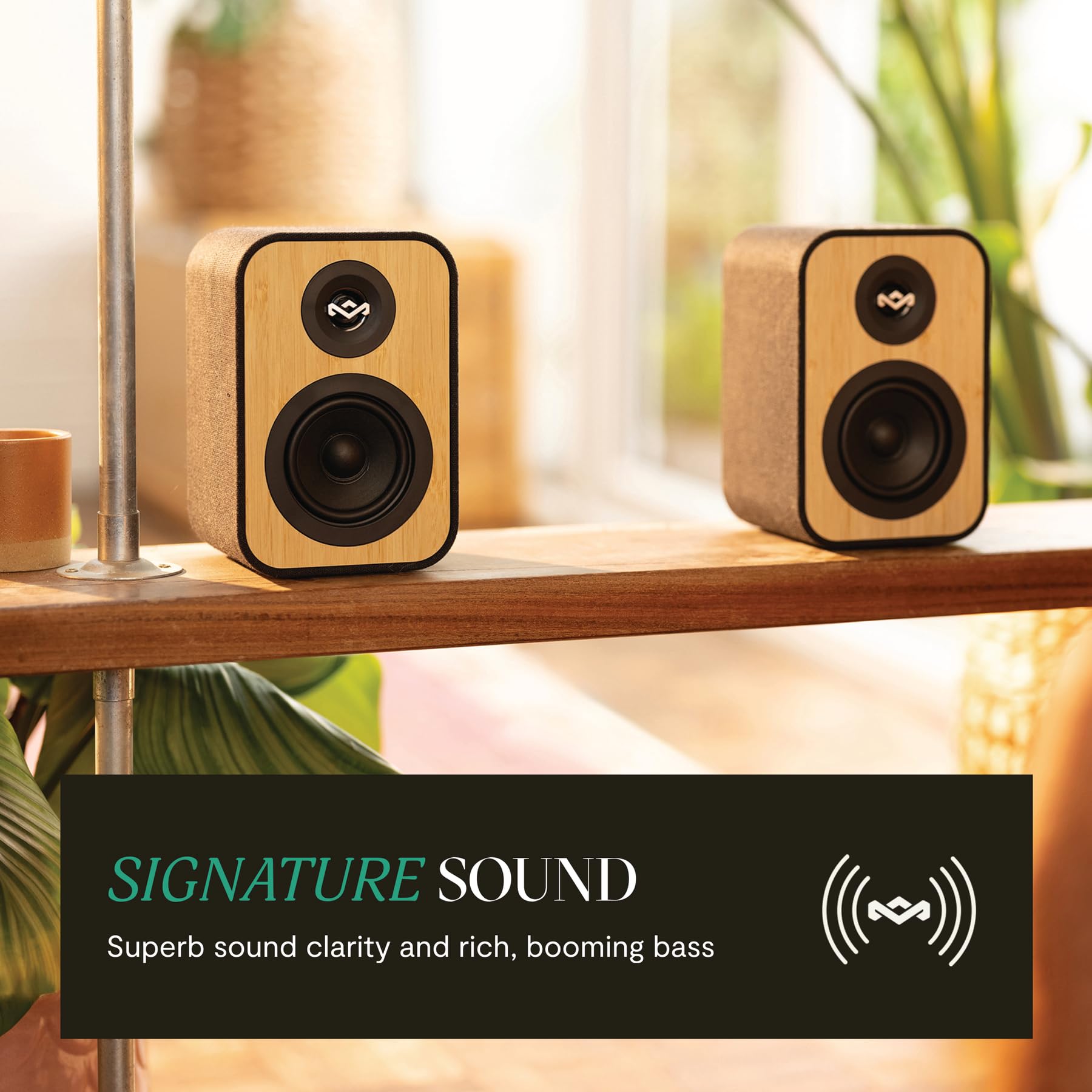 House of Marley Uplift Bluetooth Bookshelf Speakers - Bamboo Finish, Bluetooth 5.3, Superior Stereo Sound with RCA Input | Sustainable Design with Recycled Fabric & Eco-Friendly Packaging | Perfect for Turntables, Home Theater & Music Listening