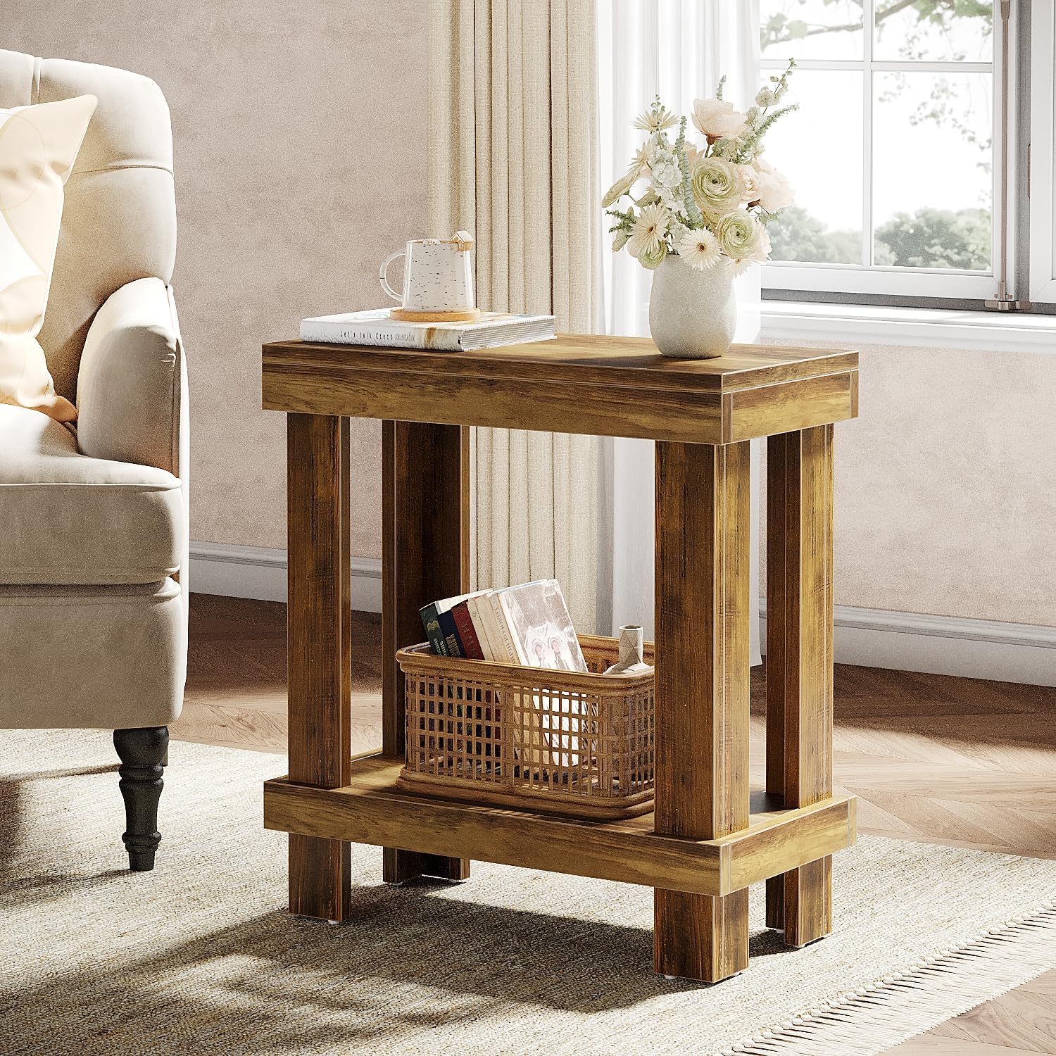 2 Tier End Table with Lower Shelf - Solid Wood Side Table for Living Room, Bedroom & Office - Perfect for Lamps, Books & Decor
