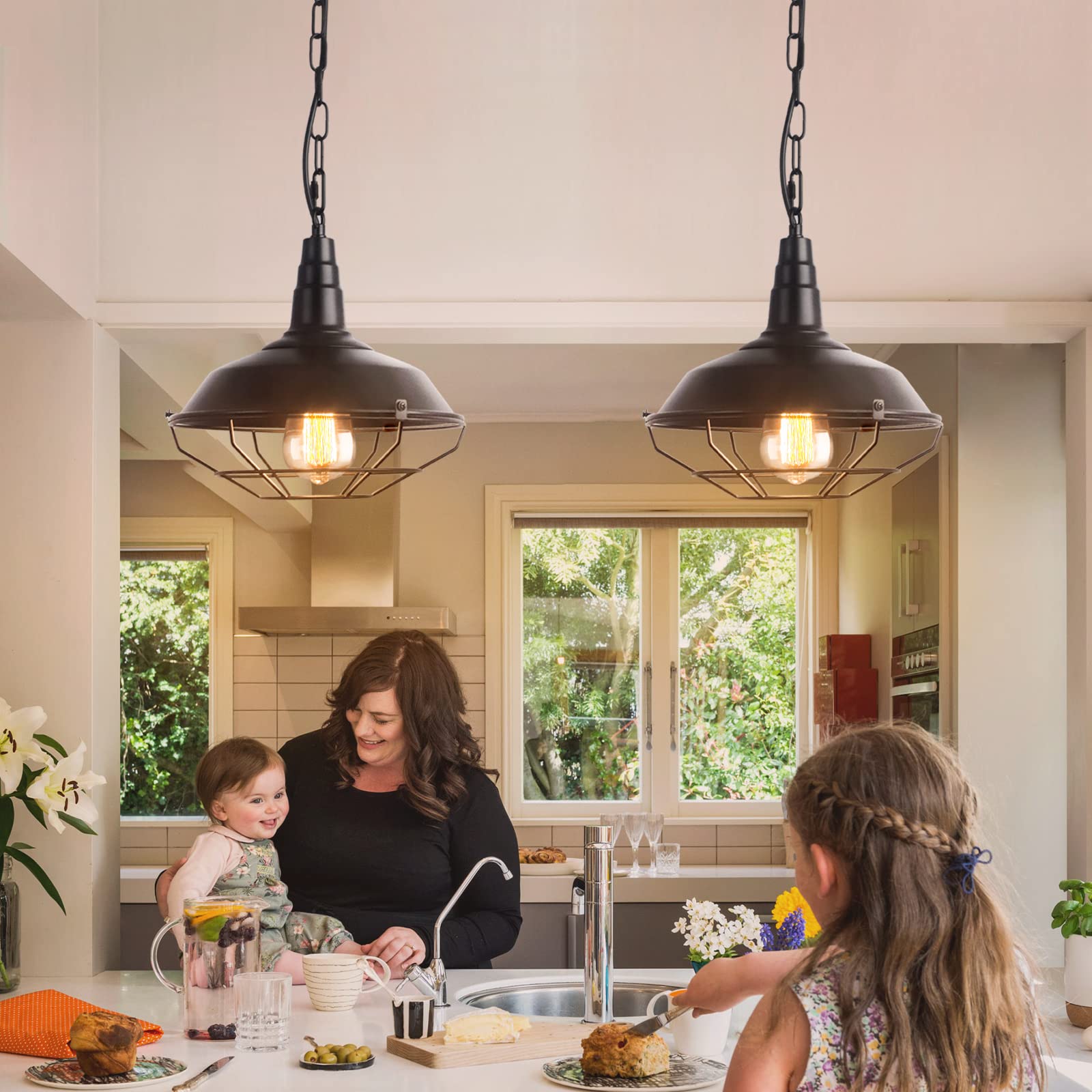 2 Pack Industrial Farmhouse Pendant Lights - Adjustable Chain, 10.2