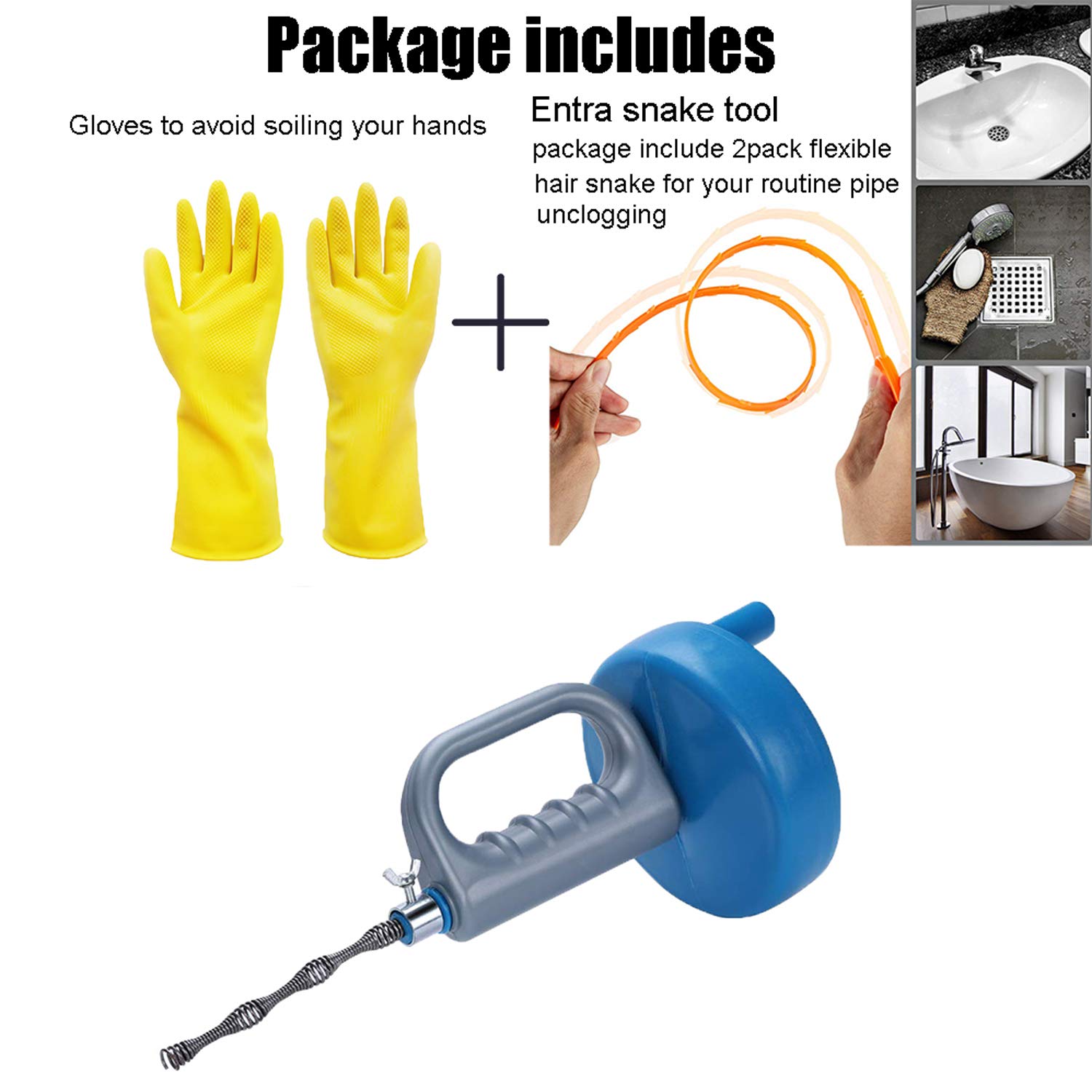 **Thinvik 33Ft/10M Heavy Duty Drain Snake Auger - Professional Sink Hair Clog Remover for Bathtub, Kitchen, Sewer Pipes - Includes Gloves (Perfect for Home Plumbing & DIY Drain Cleaning)**