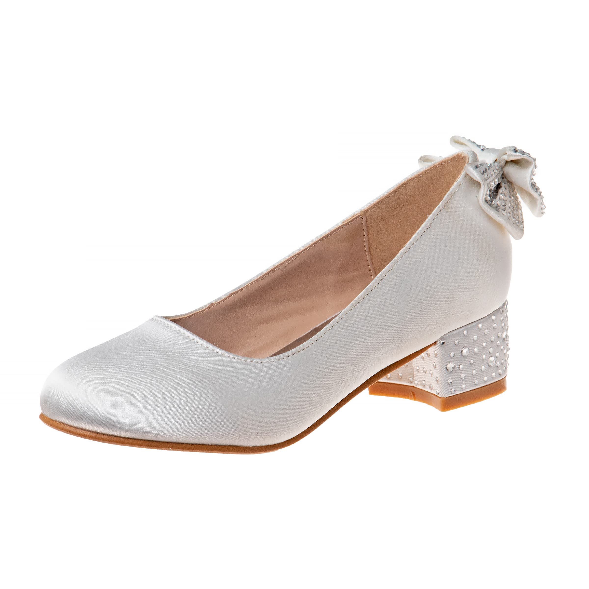 Badgley Mischka Girls Dress Shoes for Kids - Elegant High Heel Pumps with Bow Detail, Slip-On Block Heel, Closed Toe (Toddler/Youth) in White, Silver & Rose Gold | Perfect for Weddings, Parties & Special Occasions