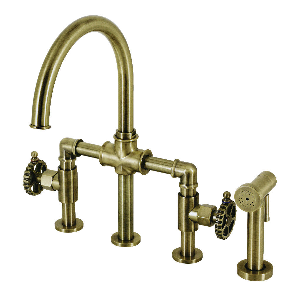 Industrial Style Bridge Kitchen Faucet with Brass Sprayer - Heavy Duty Commercial Grade Pull Down Sprayer for Restaurant & Home Kitchen - Perfect for Modern Farmhouse, Industrial Loft & Commercial Kitchens
