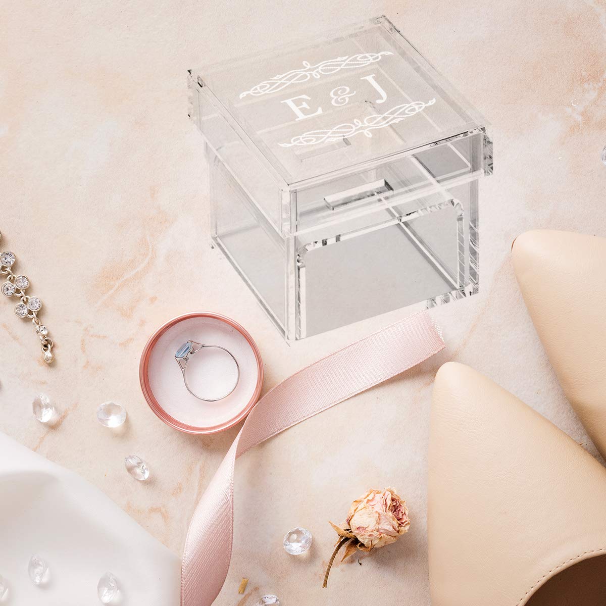 Personalized Acrylic Wedding Ring Box - Custom Monogram Design with 2 Ring Slots - Elegant Display for Wedding Proposals, Ring Bearers & Keepsake Storage - Perfect for Engagement, Ceremony & Anniversary Gifts (1-Pack)