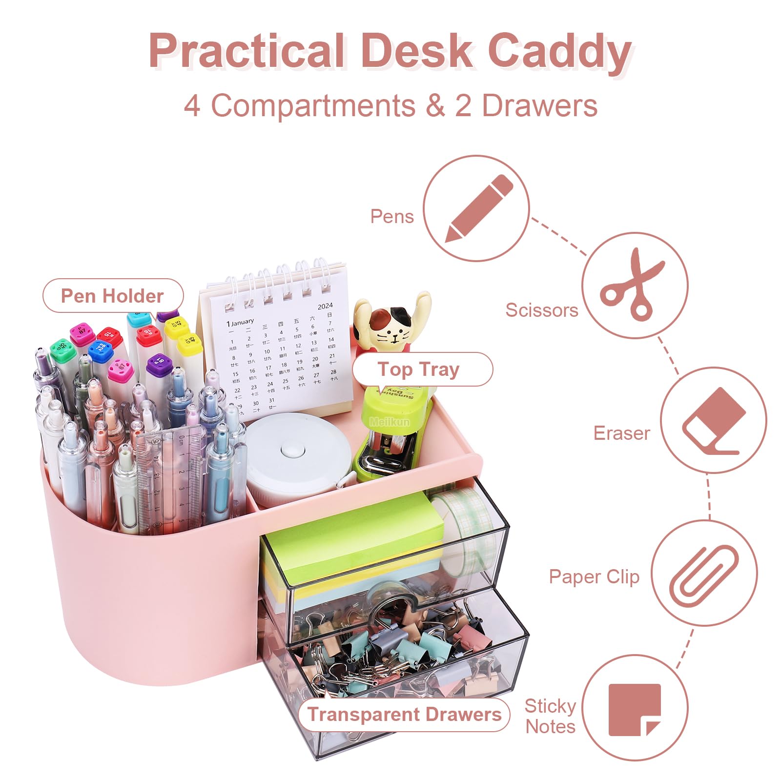 Pink Desk Organizer with 2 Drawers & 4 Compartments - Pen Holder, Pencil Organizer for Office & Home Storage - Perfect for School Supplies, Stationery & Workspace Organization
