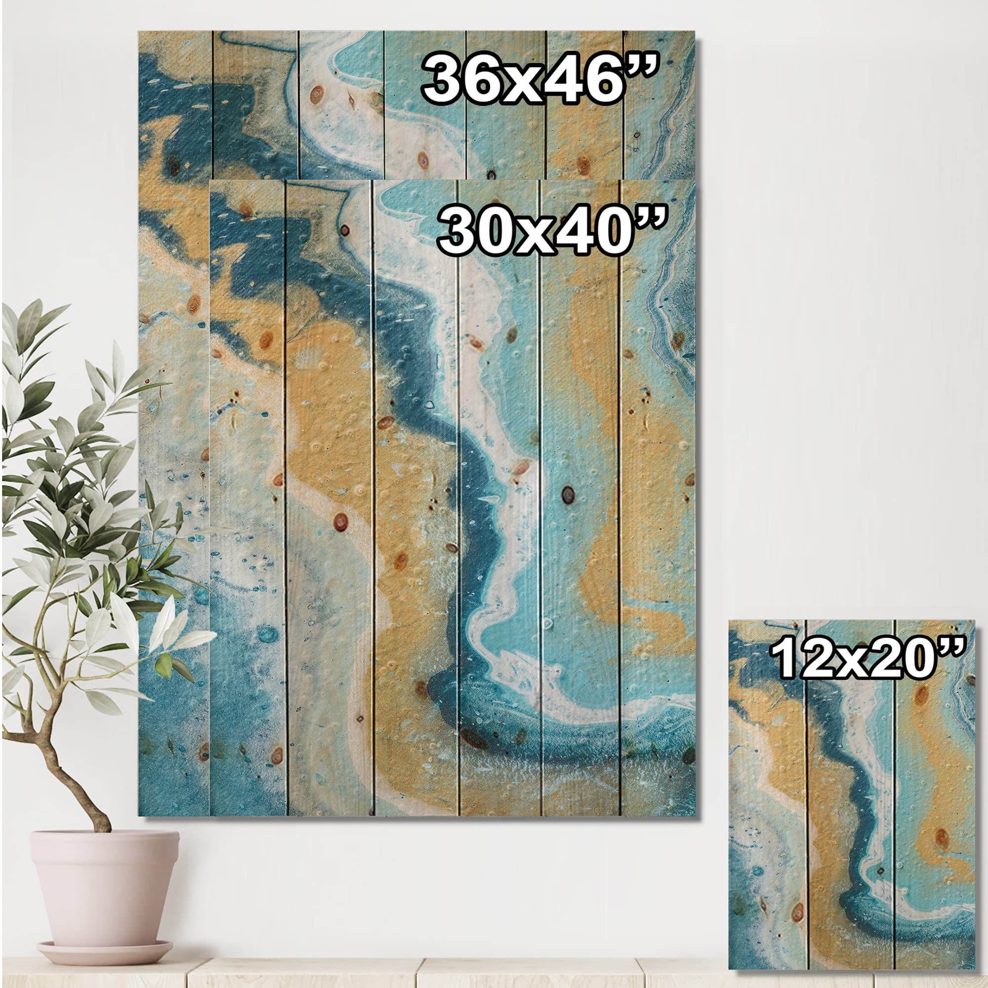 Abstract Marble Wood Wall Art - Blue & Yellow Modern Decor for Living Room