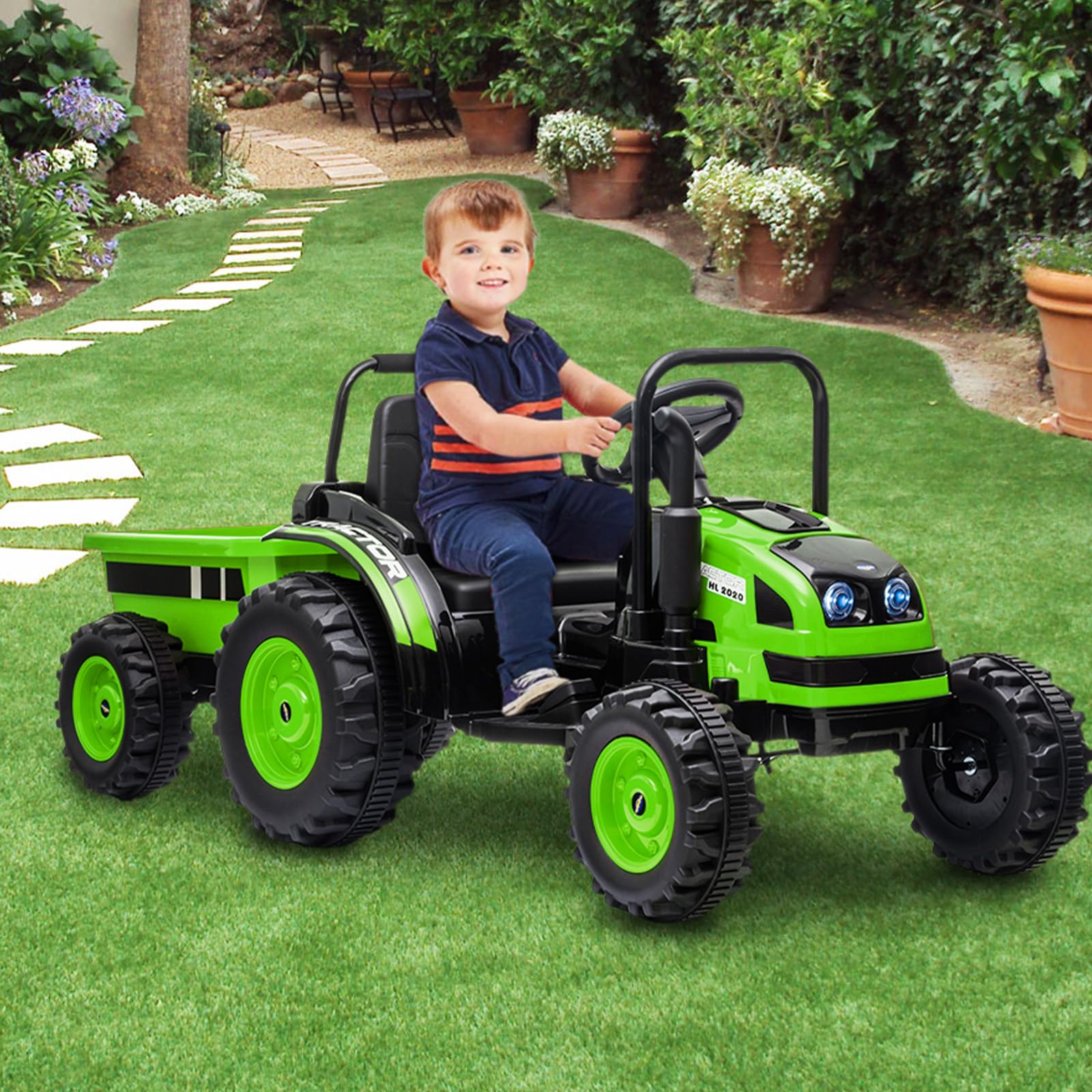GARVEE 12V Battery Powered Electric Ride On Tractor Toy for Kids - Remote Control, Music, LED Lights & Trailer Included | Outdoor Play, Backyard Fun, Birthday Gift for Boys & Girls Ages 3-8 Years Old