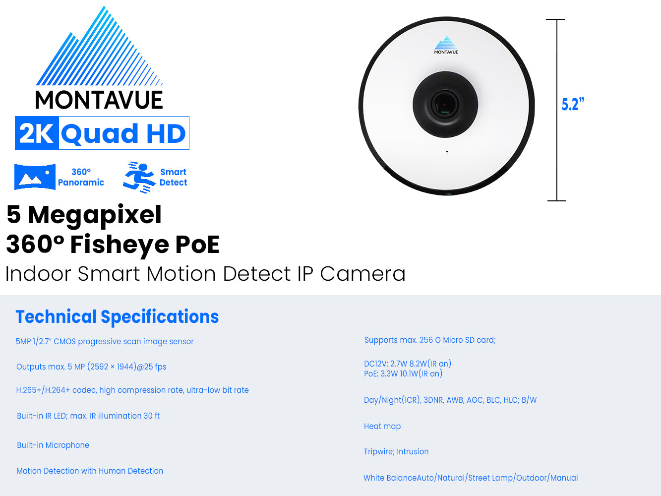 MTF5360X 5MP 2K 360° Panoramic Fisheye Indoor Security Camera - HD Night Vision, Motion Detection, Two-Way Audio for Home & Office Surveillance