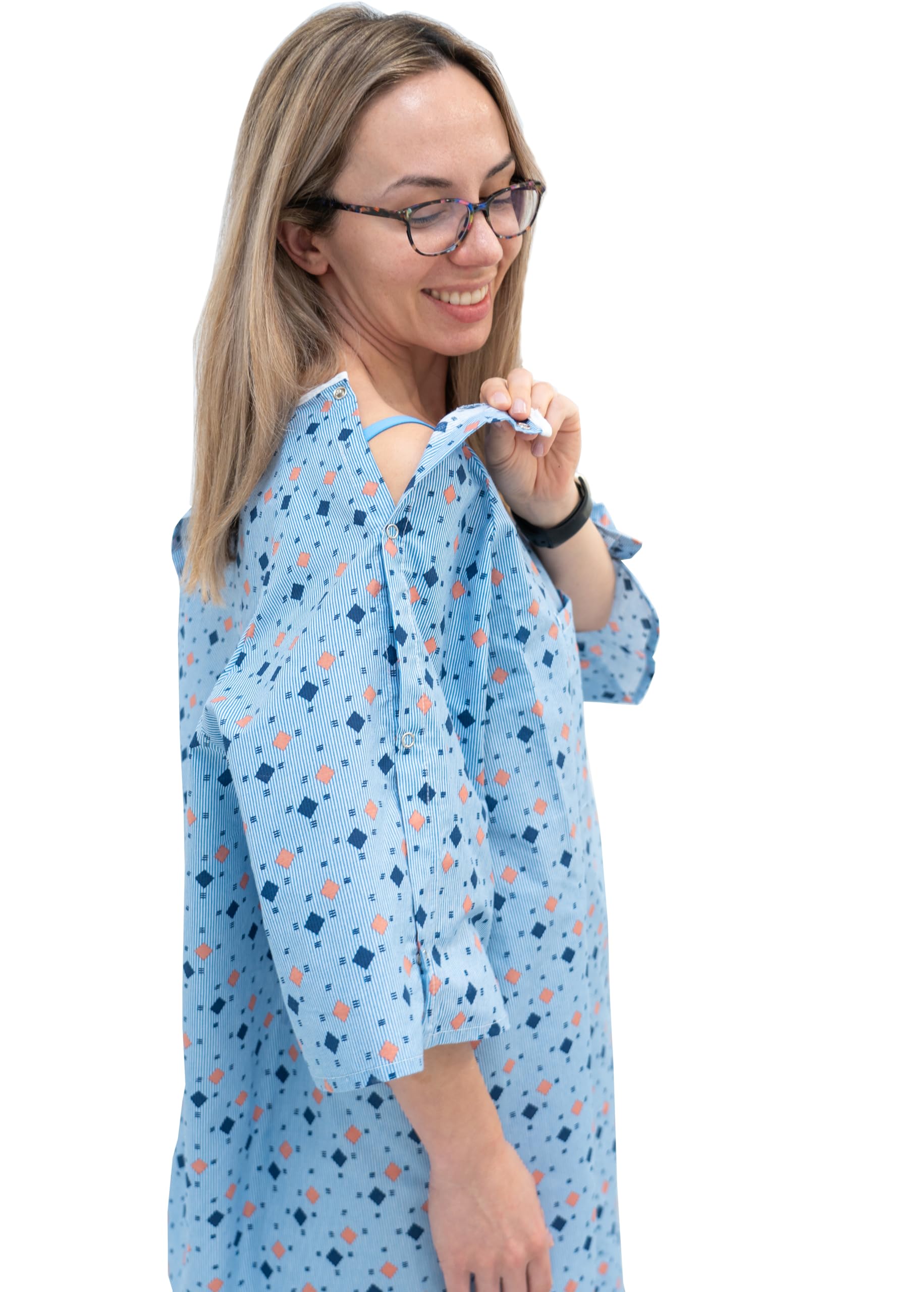 AMU Solutions 3 Pack Unisex Hospital Gowns with IV Snap Sleeves - Comfortable Patient Gowns Fits up to 2XL - Diamond Pattern Blue - Ideal for Hospital Visits, Medical Procedures & Home Care