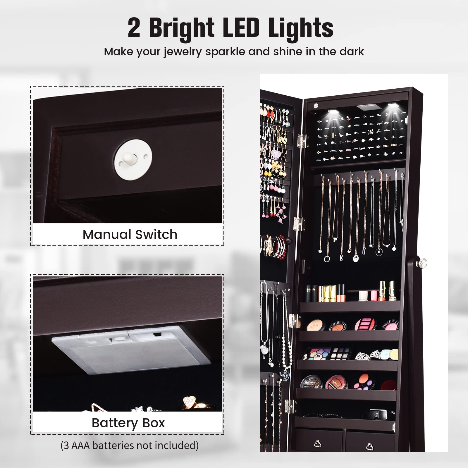 COSTWAY Full Length Standing Mirror Jewelry Cabinet with LED Lights - Large Lockable Jewelry Organizer Armoire for Women & Girls, 4 Adjustable Angles, Brown - Perfect for Bedroom, Dressing Room & Closet Organization