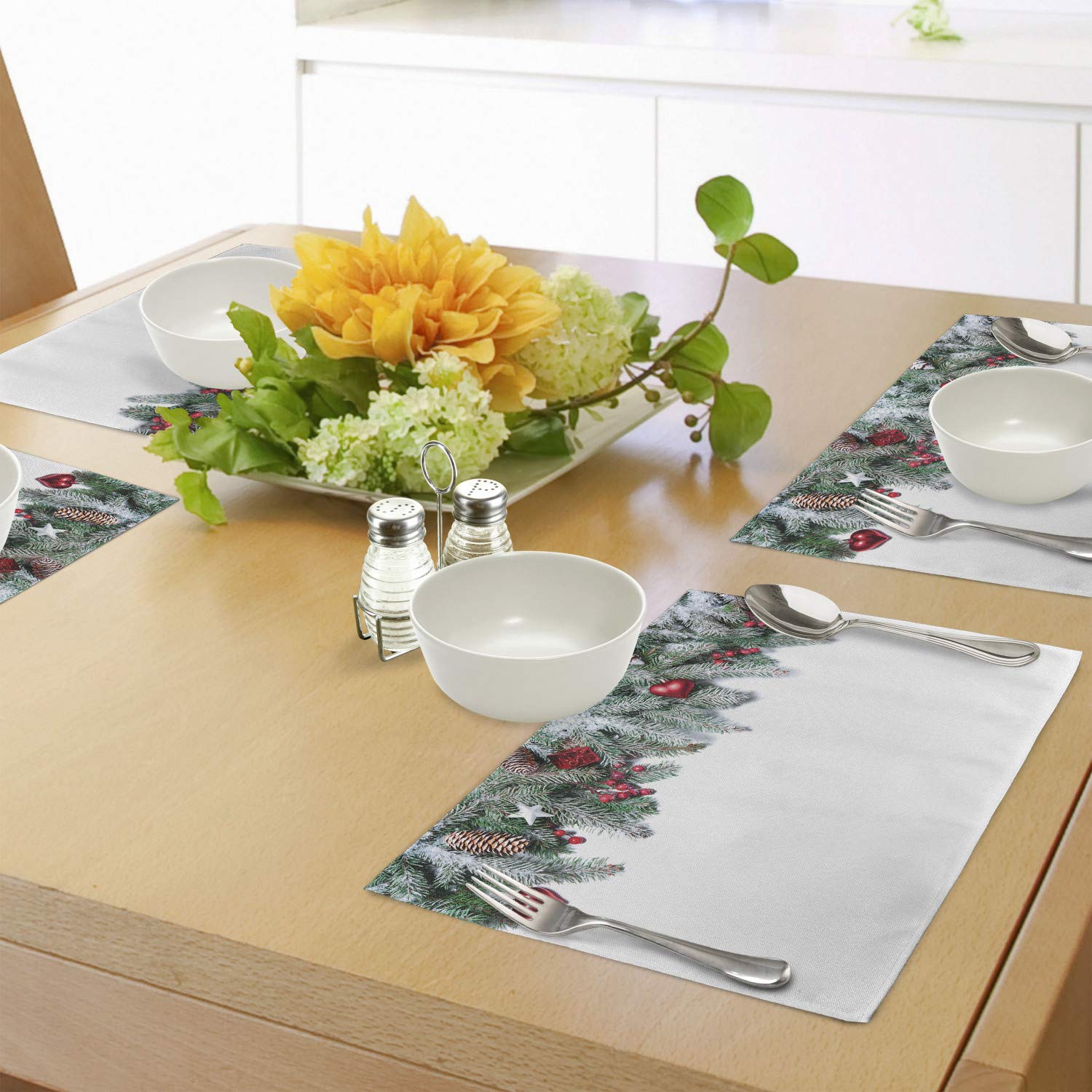 Ambesonne Christmas Placemats Set of 4 - Snowy Xmas Branch Design with Vibrant Baubles, Stars, Berries, Pinecones & Mistletoe - Washable Fabric Table Mats for Holiday Dining - Standard Size 12x18 Inches - Red & Green Christmas Decor - Perfect for Christmas Dinner, Holiday Parties & Festive Table Settings