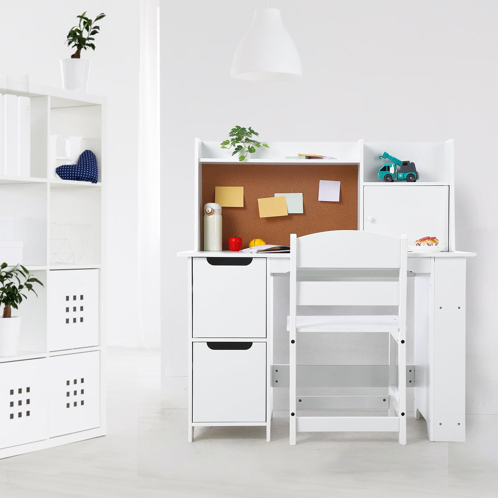Kids Study Desk and Chair Set with Storage - White Learning Table with Bookshelf & Cabinets for Boys & Girls Ages 3-8 | Perfect for Homeschooling, Online Classes & Homework Organization in Bedroom or Playroom