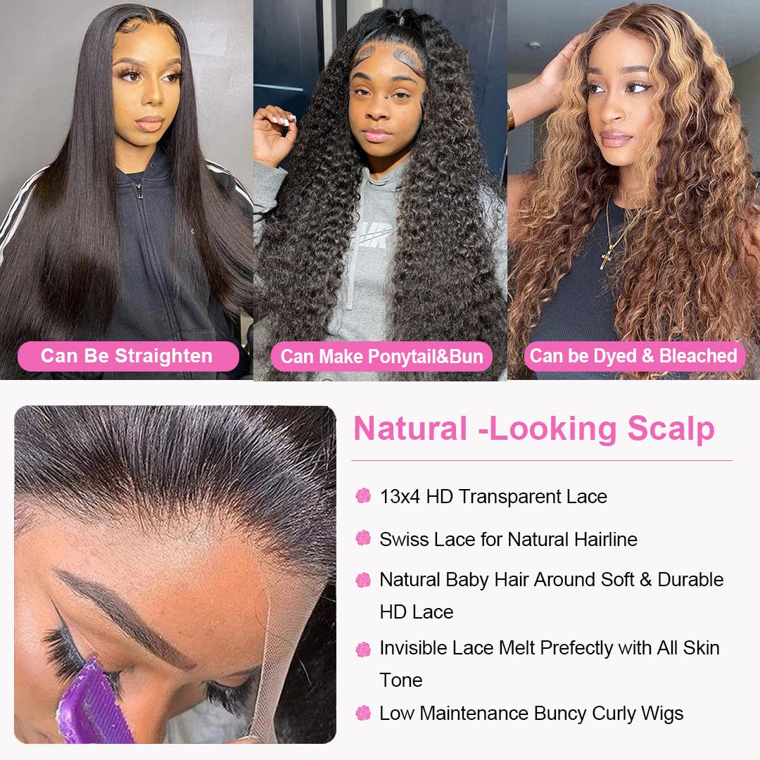 Kiss Love Glueless Human Hair Wigs - 180% Density Deep Wave Pre Plucked Wig with 4x4 Curly Closure & Elastic Band (28 Inch) | Perfect for Daily Wear, Parties & Special Occasions