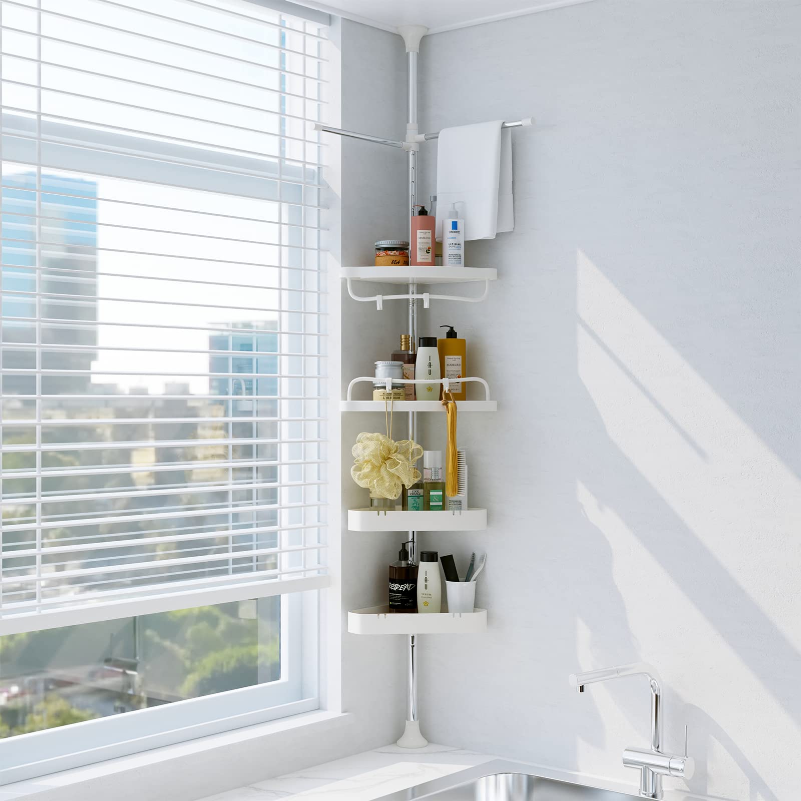 DAKEPOLE Rustproof Tension Shower Caddy - 4-Tier Adjustable Stainless Steel Corner Storage Organizer for Bathroom & Bathtub (54-125 Inch) | Holds Shampoo, Soap & Plants | Space-Saving Shower Shelf for Small Bathrooms & Apartments
