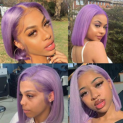 Brazilian Virgin Human Hair Lace Front Wig - 12 Inch Lilac Straight Bob with 180% Density, 13x4 Lace Frontal, Pre-Plucked & Bleached Knots | Short Bob Cut for Women | Perfect for Cosplay, Daily Wear & Special Occasions