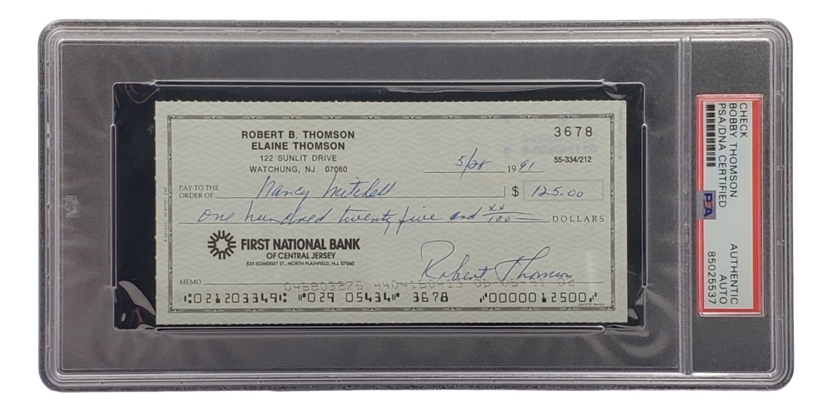 Authentic Bobby Thomson New York Giants Signed Bank Check with PSA/DNA Certification 85025537 - Perfect for Sports Memorabilia Collectors and Baseball Fans
