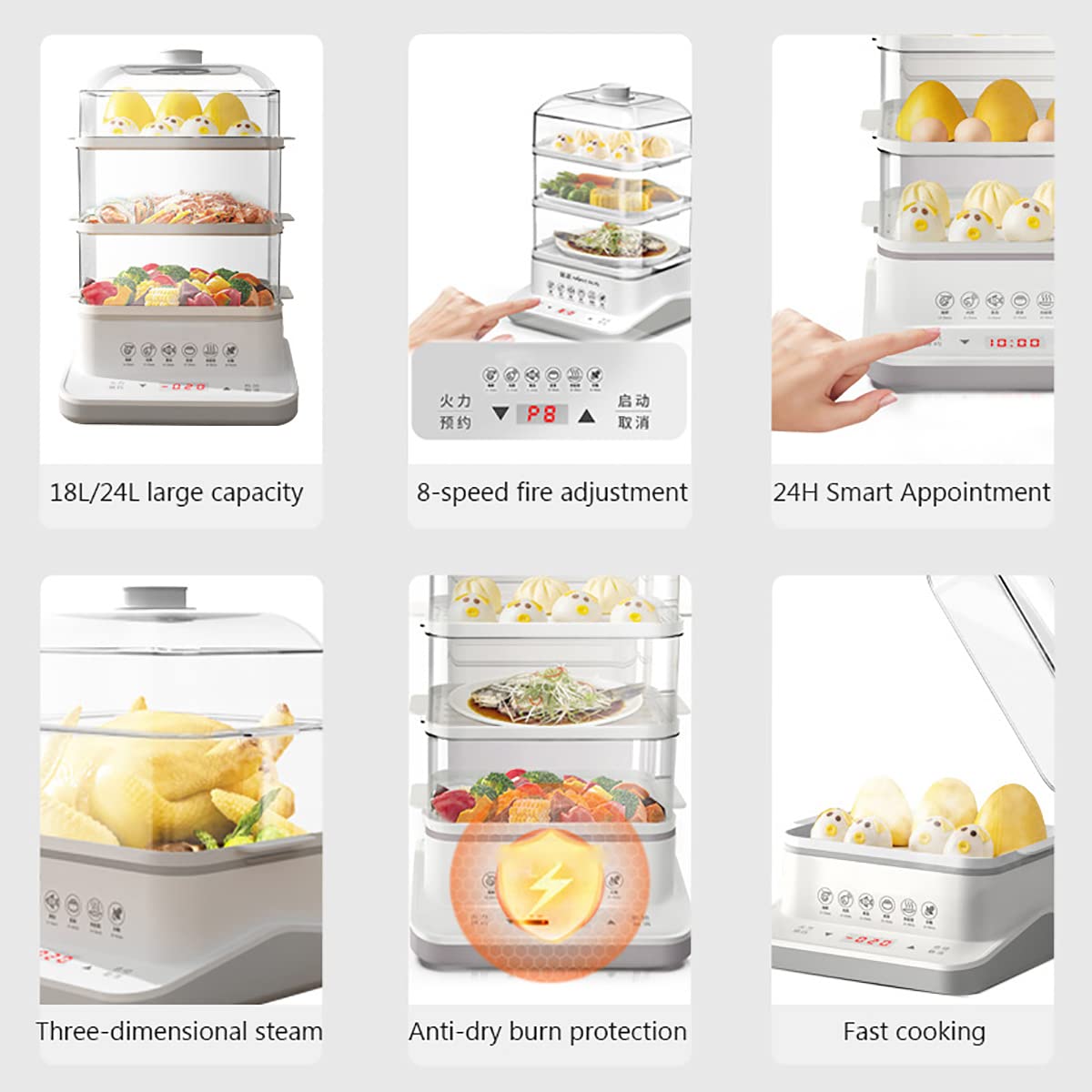 YUNYN 3-Tier Electric Food Steamer 18L/24L - Stainless Steel Steam Rack, 6 Preset Cooking Modes, Stackable Baskets for Vegetables & Meat - Perfect for Healthy Cooking, Meal Prep & Large Family Dinners