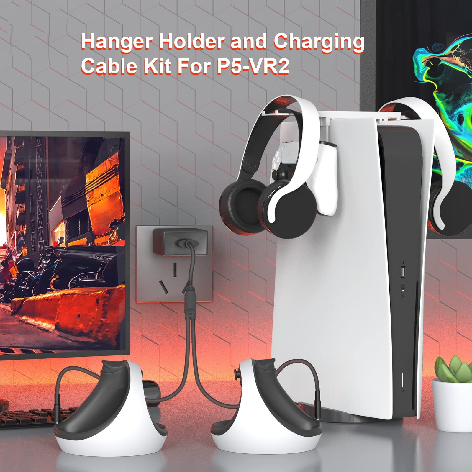 PSVR2 VR Headset Controller Stand with Charging Dock - Wireless VR Headset Holder with 60cm Charging Cable - Perfect for PS5 VR Gaming Setup & Organized Storage