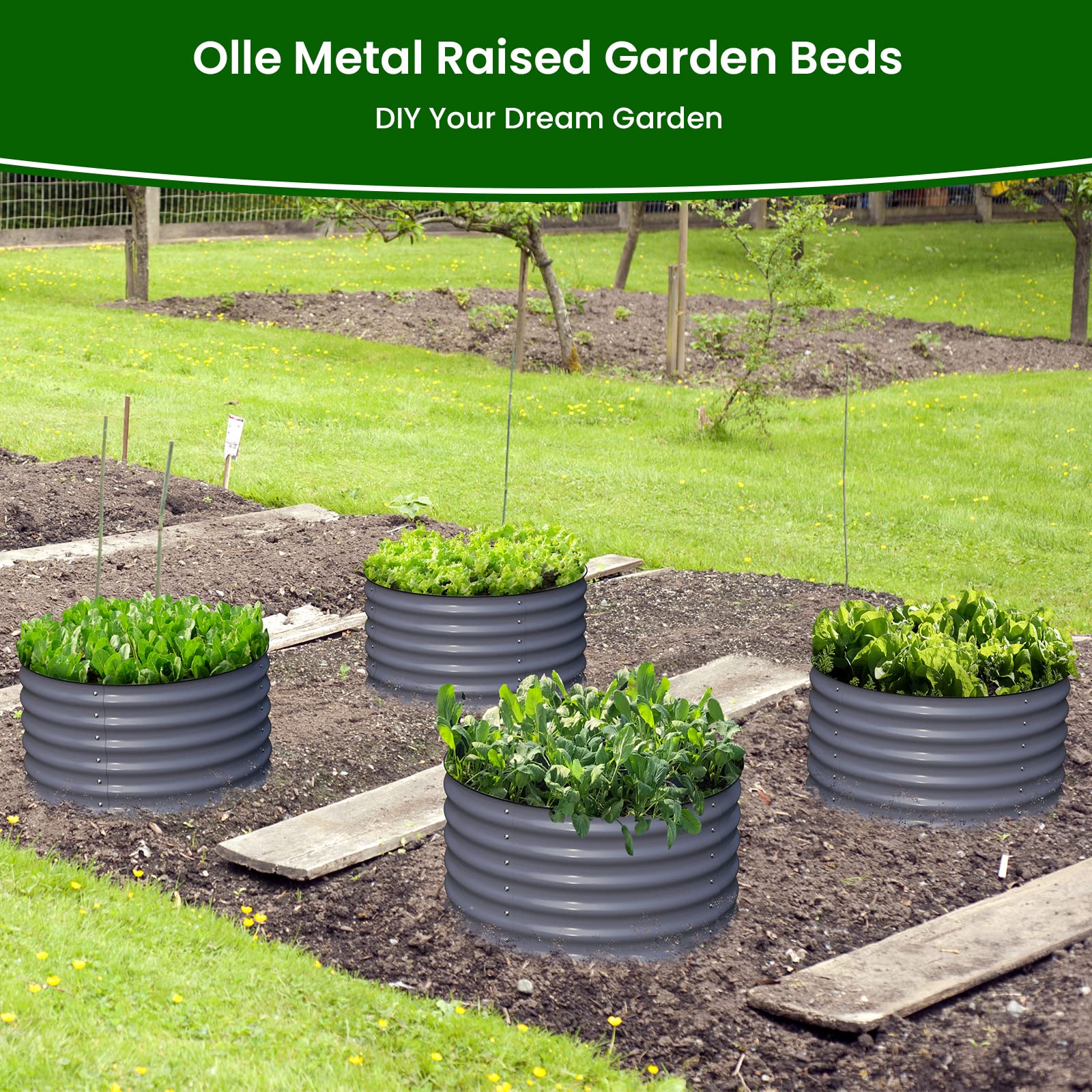 Olle 2 Pack 17 Inch Tall Durable Round Raised Garden Beds - Outdoor Vegetable Planter Boxes for Herbs, Vegetables, Flowers (Mid-Grey, 24x17 Inch) - Perfect for Backyard Gardening, Patio Decor & Small Space Planting