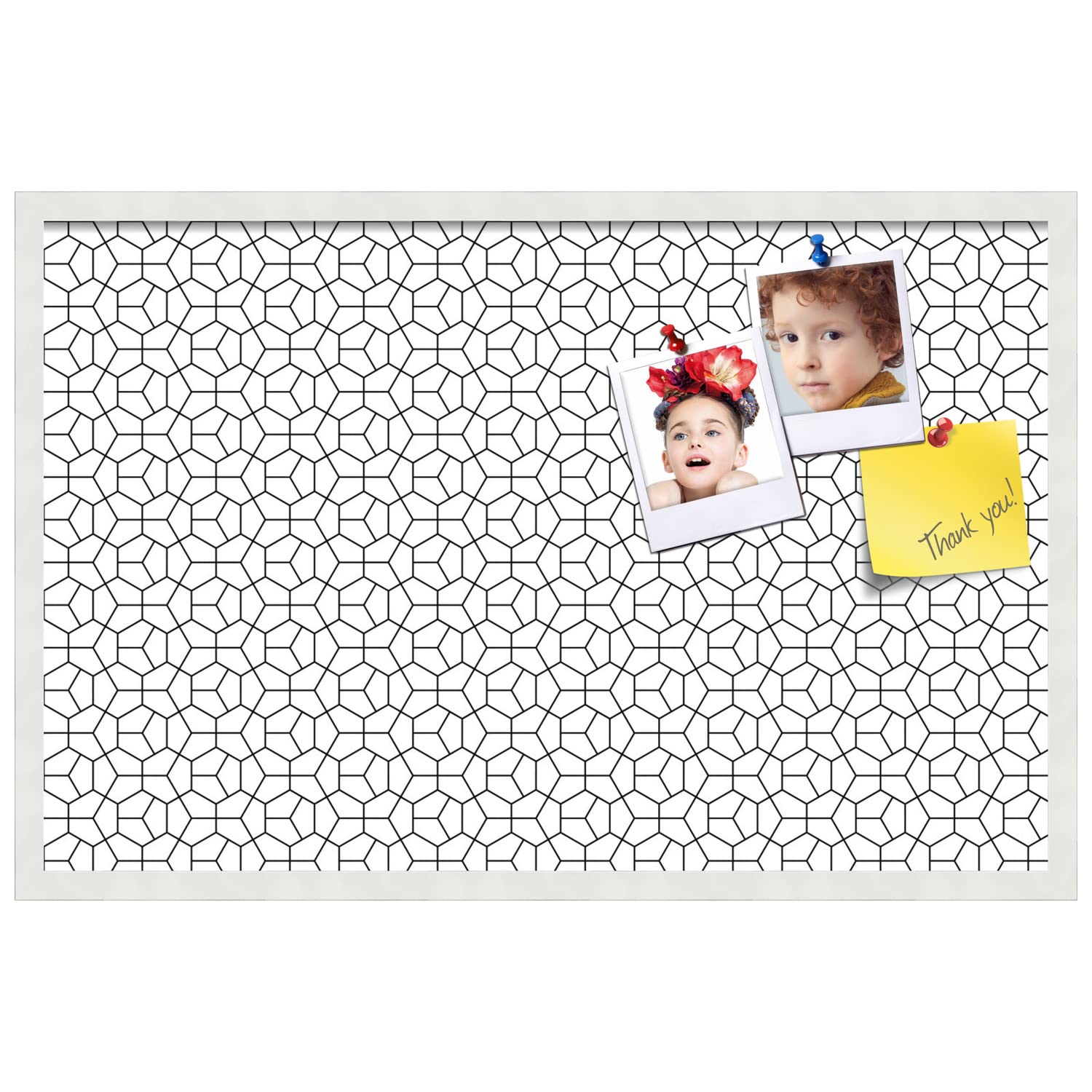 PinPix 34x22 Inch Cork Bulletin Board with Hex Black Design & White Frame - Wall Mounted Memo Board for Home Office Decor, School Classroom, Dorm Room Organization & Message Display