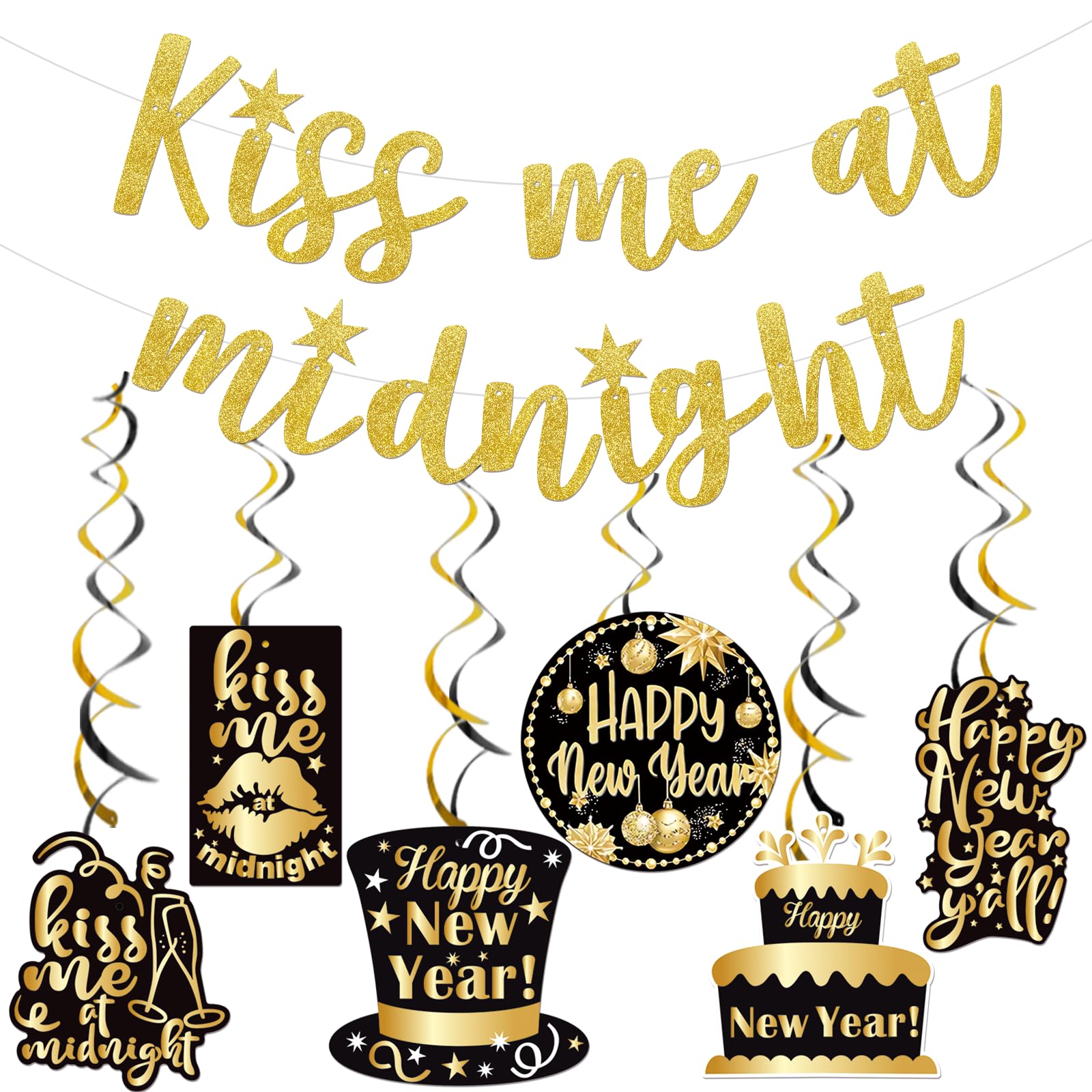 2025 New Year's Eve Gold Glitter Kiss Me At Midnight Banner with Hanging Swirls - Party Decorations for NYE Countdown, Ball Drop Celebrations & Festive Home Decor