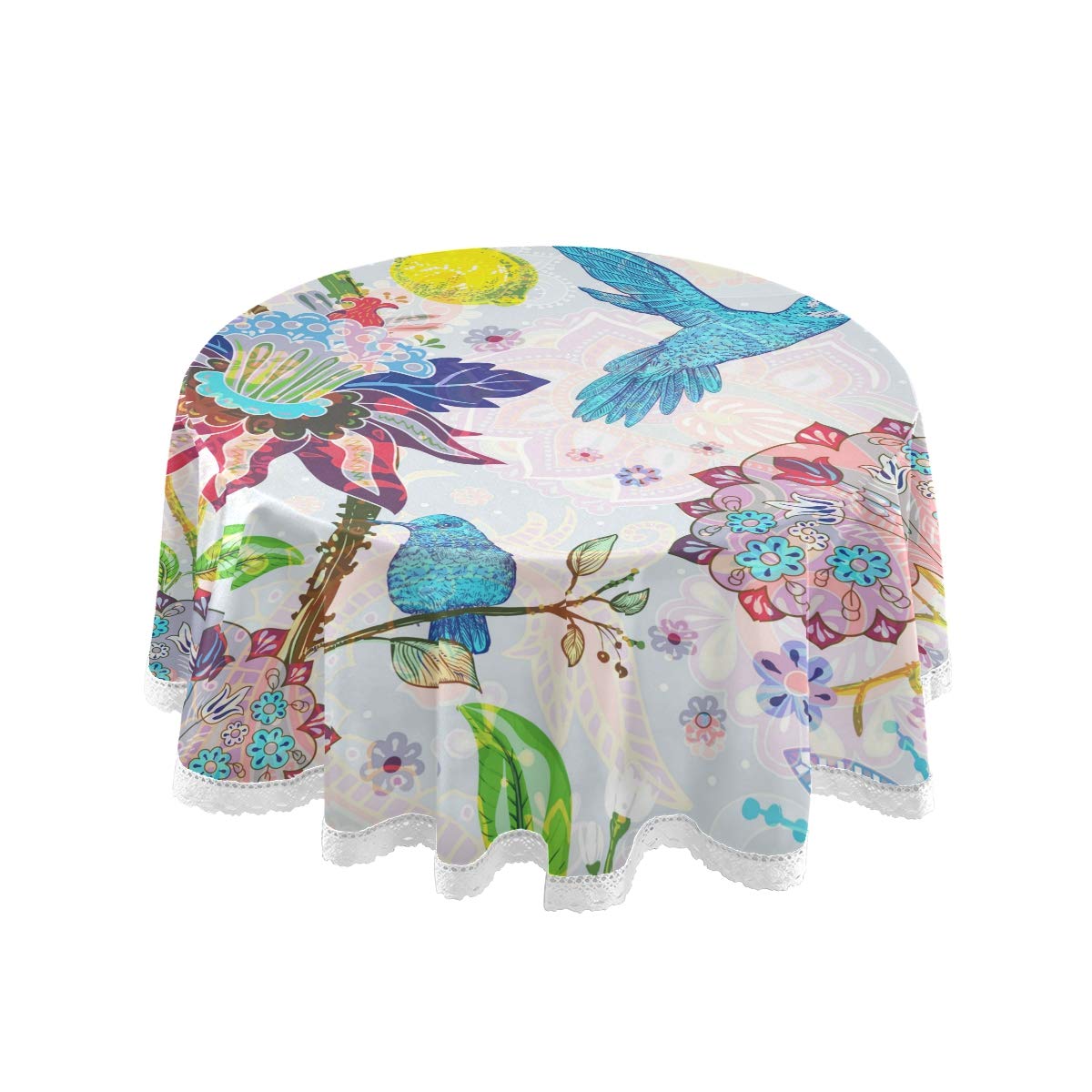 AUUXVA 60-Inch Round Non-Slip Tablecloth - Paisley Flower Hummingbird Design, Thick Durable Table Cover for Dining Room, Parties, and Outdoor Gatherings