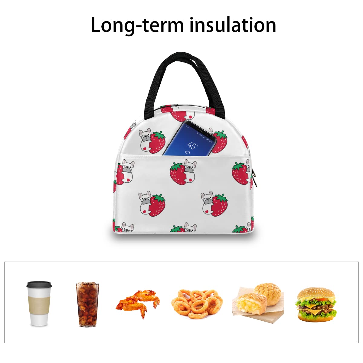 Insulated Pug Dog Lunch Bag for Women & Kids - Cute Strawberry Design Reusable Lunch Tote for Work, Office, School | Perfect for Picnics, Commuting & Meal Prep