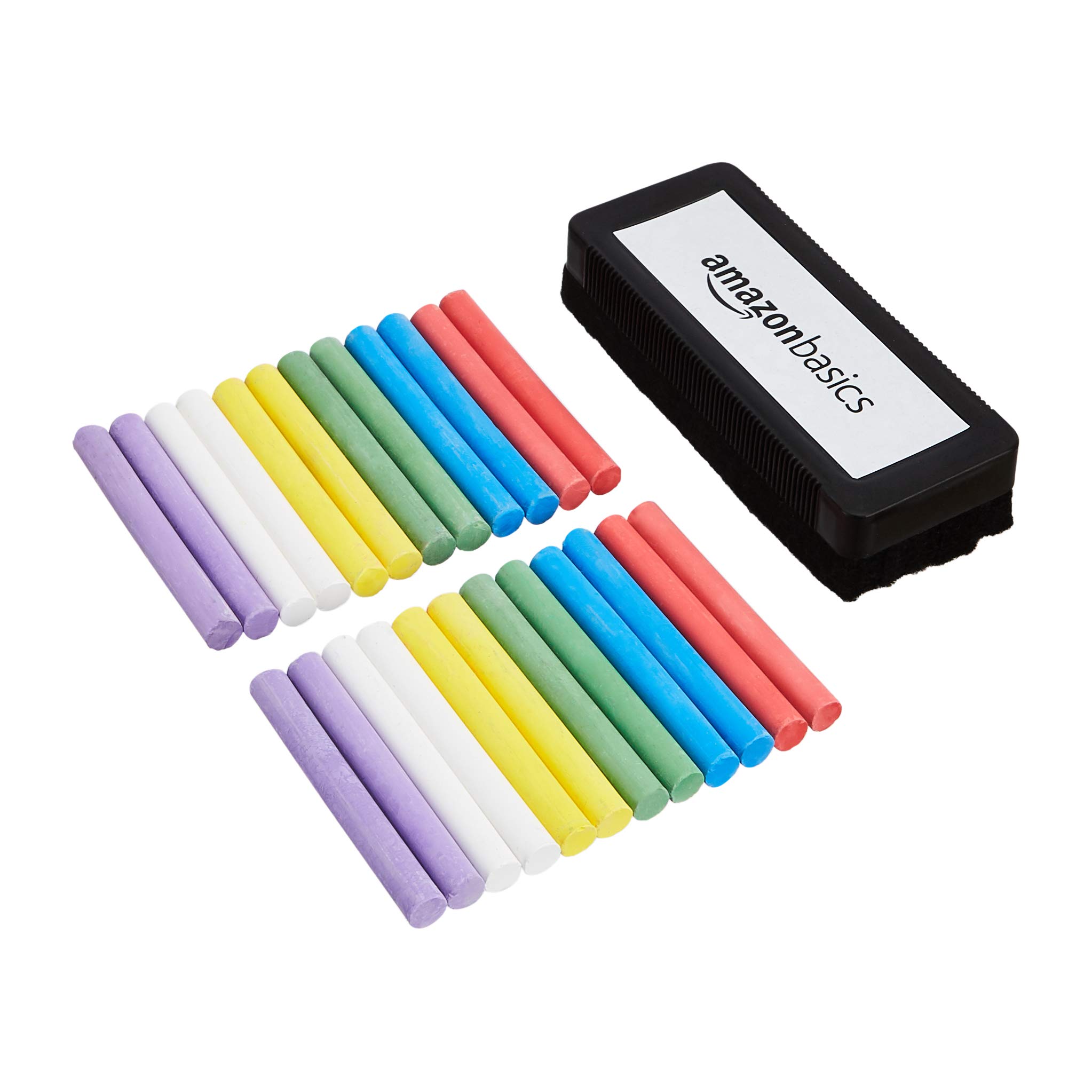 Amazon Basics Dustless Chalk with Eraser - 24 Count Non-Toxic Chalk Sticks for Kids & Teachers - Assorted Colors for Classroom, Sidewalk & Home Use