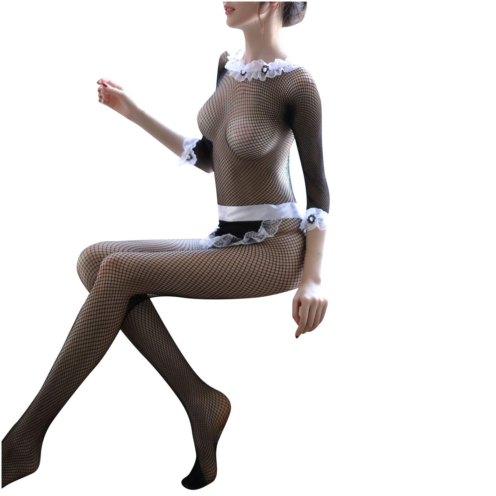 Sexy Women's Fishnet Bodystocking - Sheer Mesh Bodysuit with Lace Attached Stockings | Tempting Nightwear & Lingerie for Romantic Nights, Boudoir Photography, and Sensual Occasions