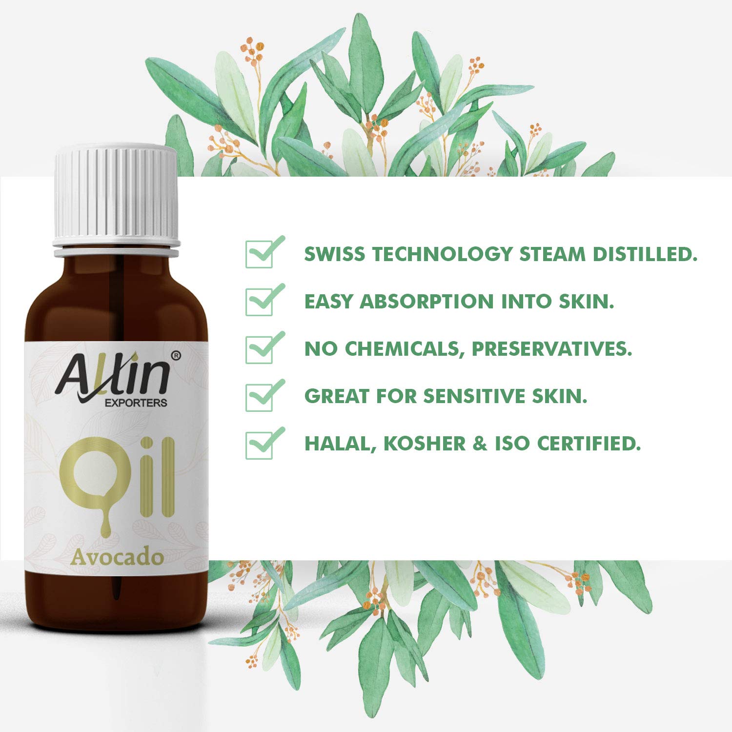 Allin Exporters 100% Pure Avocado Oil 30ml - Natural Hair, Face & Skin Moisturizer with Retinol & Vitamin E - Reduces Wrinkles, Dryness & Signs of Aging - Perfect for Night Care, Massage & DIY Beauty Recipes