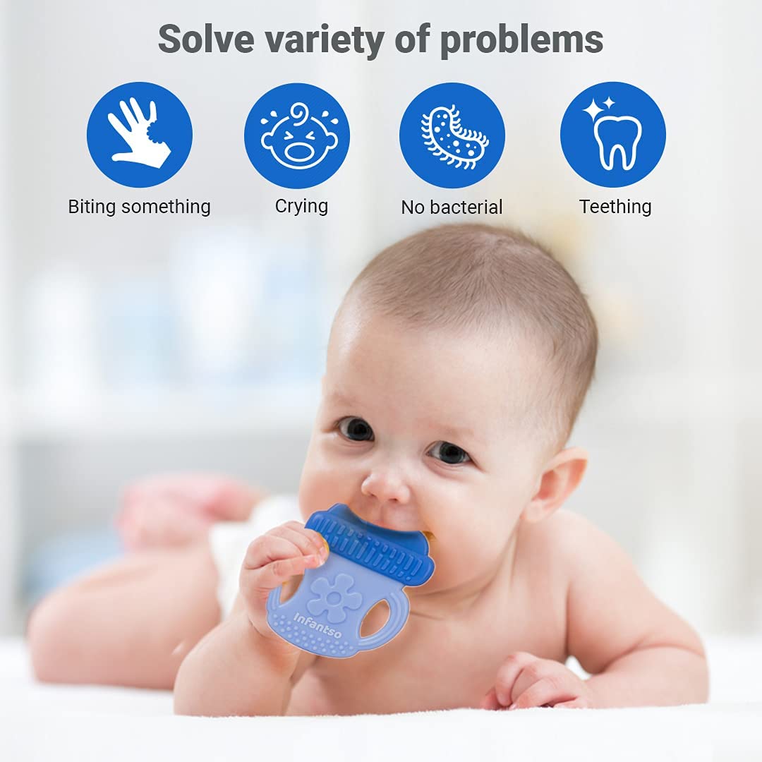 Non-Toxic Food-Grade Silicone Baby Teether for 2+ Months - BPA Free, Pain Relief for Teething Infants (Strawberry Red & Bottle Blue) | Perfect for Soothing Sore Gums at Home or On-the-Go