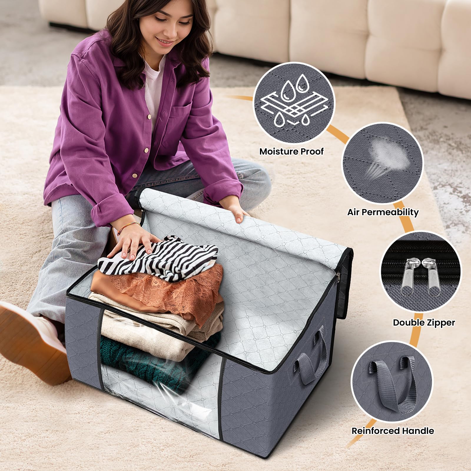 2-Pack Stackable Storage Bins with Lids - Grey Totes for Closet & Bedroom Organization