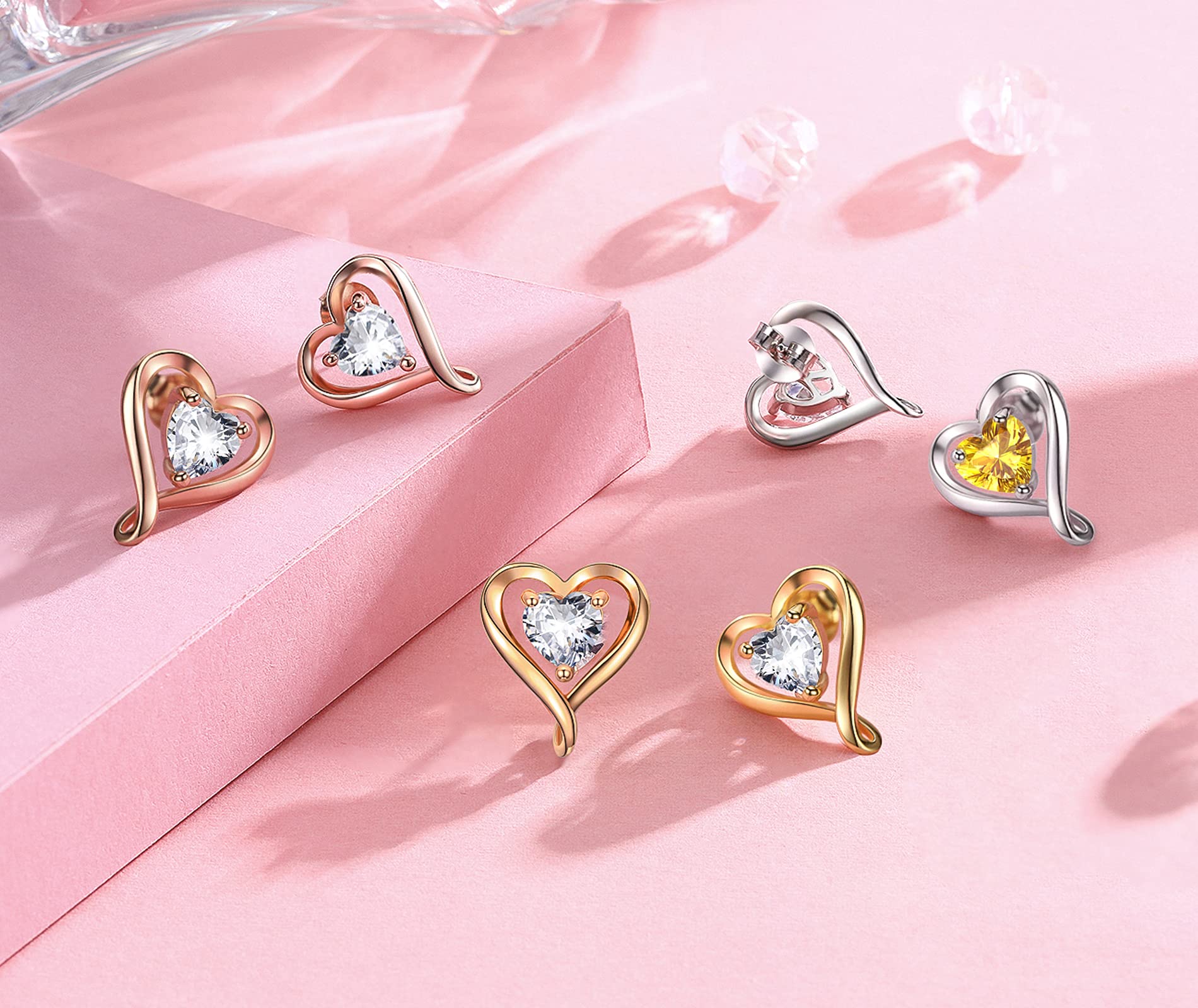 LAVUMO Hypoallergenic Heart Stud Earrings for Women - 18K Gold Plated, Silver & Rose Gold Cubic Zirconia Jewelry Set | Perfect Birthday, Anniversary Gift for Her | Elegant Everyday Wear & Special Occasions