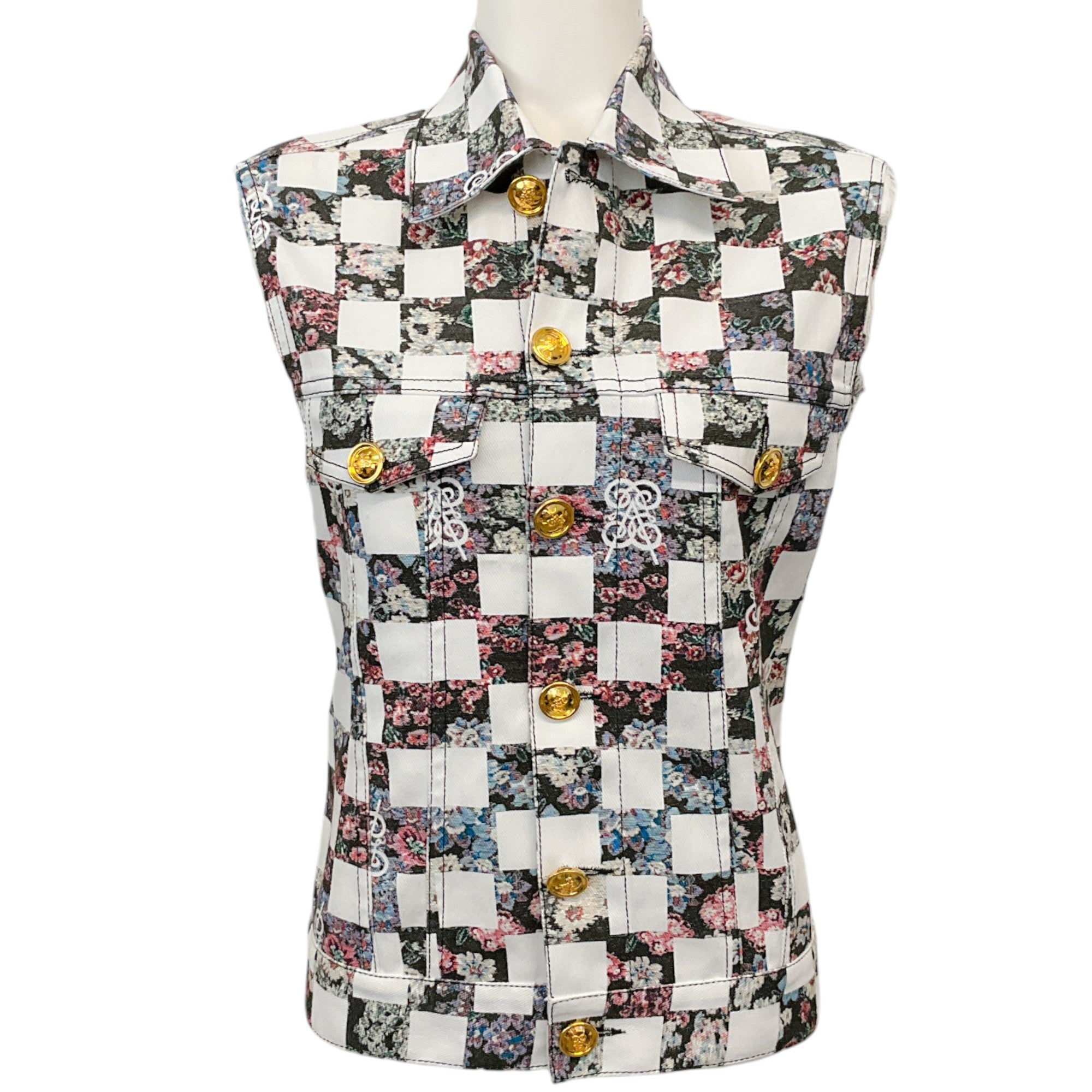 Giambattista Valli White Multi Denim Chess Print Vest - Stylish Women's Fashion Top for Casual Outings & Streetwear Looks