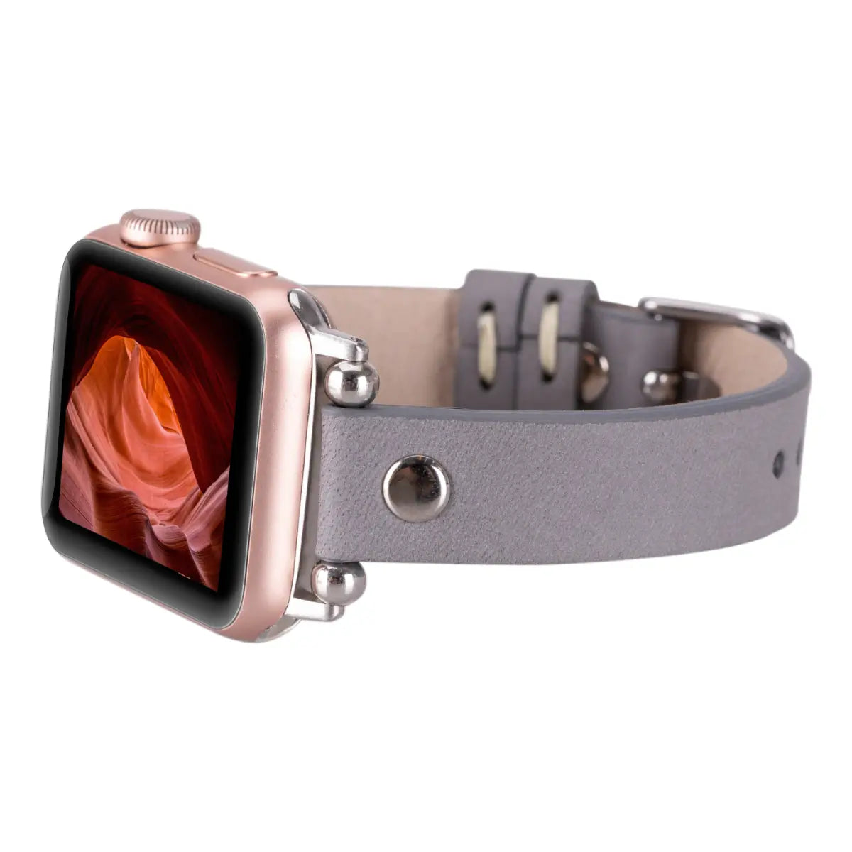 Slim Gray Leather Apple Watch Band with Silver Rivet - Stylish & Durable Replacement Strap for Workouts, Office & Everyday Wear