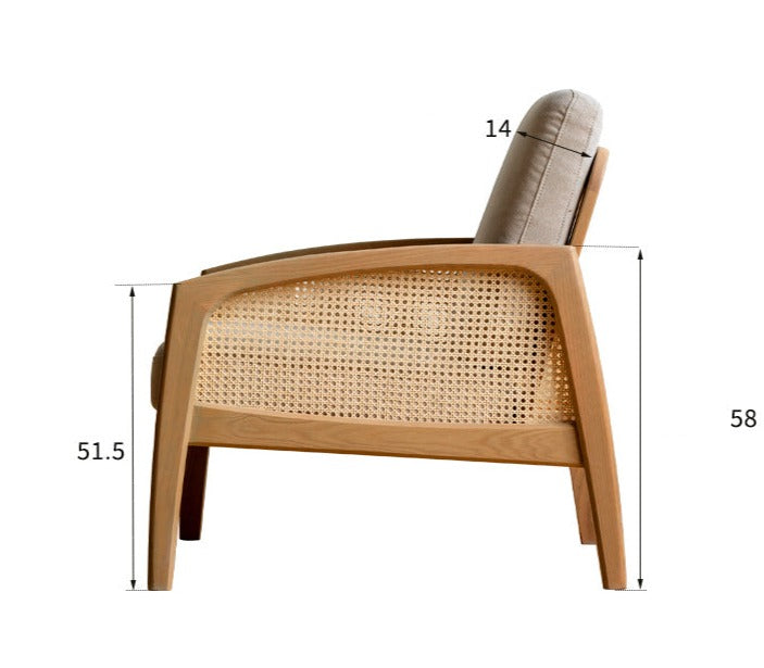 Solid Oak Wood Armchair with Milky Skin Tone Finish and Rattan Accents - Perfect for Living Room, Bedroom, or Office Decor