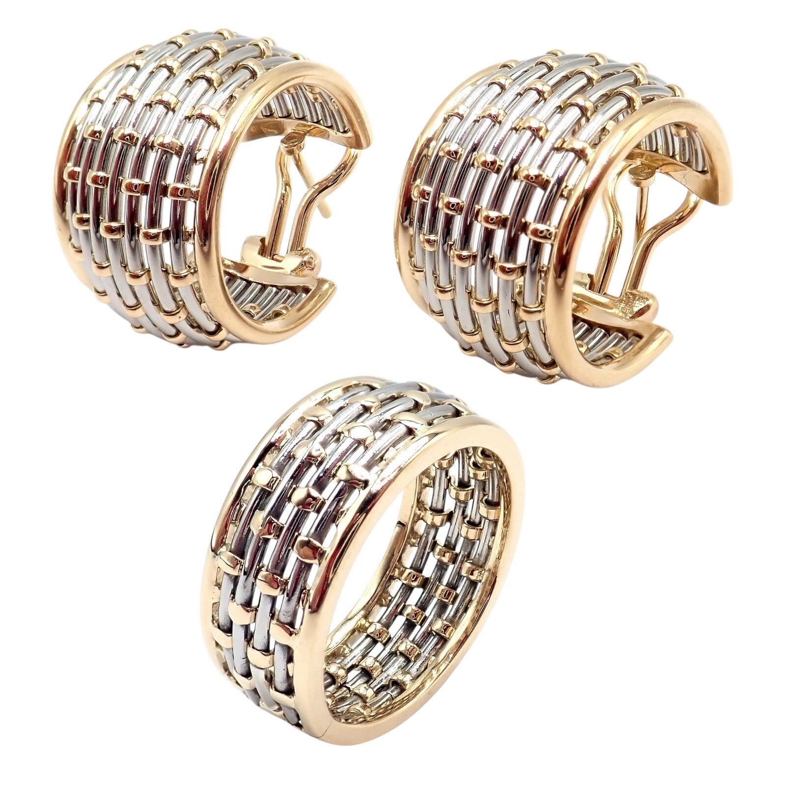 Authentic Cartier 18K Yellow Gold & Stainless Steel Basket Weave Ring and Earrings Set - Luxury Jewelry for Weddings, Anniversaries & Special Occasions
